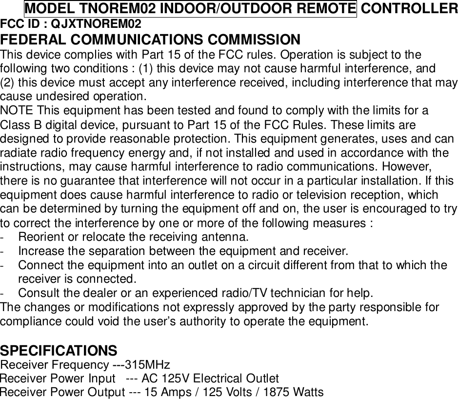 Prime Wire and Cable TNOREM02 Remote Control User Manual