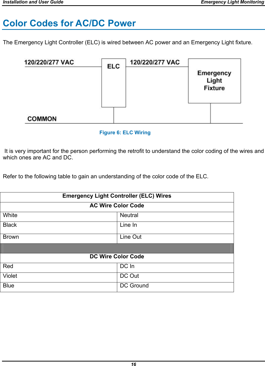 Installation and User Guide  Emergency Light Monitoring 16  Color Codes for AC/DC Power The Emergency Light Controller (ELC) is wired between AC power and an Emergency Light fixture.                                                                      Figure 6: ELC Wiring   It is very important for the person performing the retrofit to understand the color coding of the wires and which ones are AC and DC.  Refer to the following table to gain an understanding of the color code of the ELC.  Emergency Light Controller (ELC) Wires AC Wire Color Code White Neutral Black Line In Brown Line Out  DC Wire Color Code Red DC In Violet DC Out Blue DC Ground   