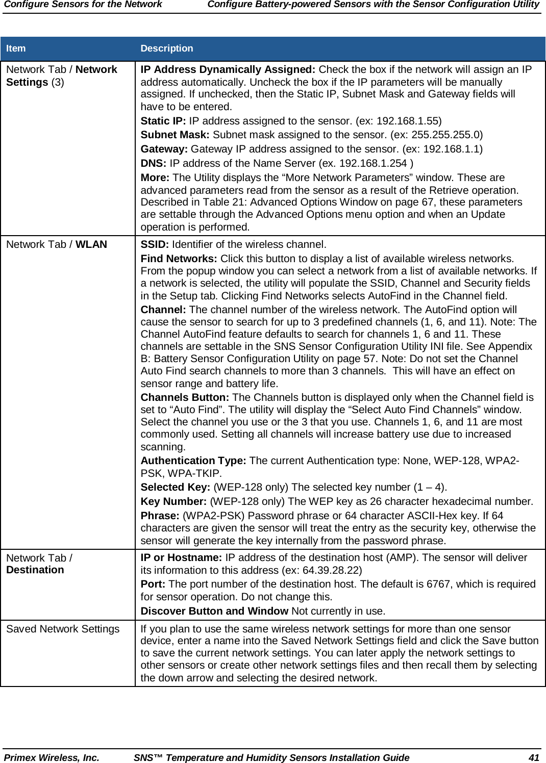 Configure Sensors for the Network Configure Battery-powered Sensors with the Sensor Configuration Utility Primex Wireless, Inc. SNS™ Temperature and Humidity Sensors Installation Guide 41 Item Description Network Tab / Network Settings (3) IP Address Dynamically Assigned: Check the box if the network will assign an IP address automatically. Uncheck the box if the IP parameters will be manually assigned. If unchecked, then the Static IP, Subnet Mask and Gateway fields will have to be entered.  Static IP: IP address assigned to the sensor. (ex: 192.168.1.55)  Subnet Mask: Subnet mask assigned to the sensor. (ex: 255.255.255.0)  Gateway: Gateway IP address assigned to the sensor. (ex: 192.168.1.1)  DNS: IP address of the Name Server (ex. 192.168.1.254 ) More: The Utility displays the “More Network Parameters” window. These are advanced parameters read from the sensor as a result of the Retrieve operation. Described in Table 21: Advanced Options Window on page 67, these parameters are settable through the Advanced Options menu option and when an Update operation is performed.  Network Tab / WLAN SSID: Identifier of the wireless channel.  Find Networks: Click this button to display a list of available wireless networks. From the popup window you can select a network from a list of available networks. If a network is selected, the utility will populate the SSID, Channel and Security fields in the Setup tab. Clicking Find Networks selects AutoFind in the Channel field. Channel: The channel number of the wireless network. The AutoFind option will cause the sensor to search for up to 3 predefined channels (1, 6, and 11). Note: The Channel AutoFind feature defaults to search for channels 1, 6 and 11. These channels are settable in the SNS Sensor Configuration Utility INI file. See Appendix B: Battery Sensor Configuration Utility on page 57. Note: Do not set the Channel Auto Find search channels to more than 3 channels.  This will have an effect on sensor range and battery life. Channels Button: The Channels button is displayed only when the Channel field is set to “Auto Find”. The utility will display the “Select Auto Find Channels” window. Select the channel you use or the 3 that you use. Channels 1, 6, and 11 are most commonly used. Setting all channels will increase battery use due to increased scanning. Authentication Type: The current Authentication type: None, WEP-128, WPA2-PSK, WPA-TKIP.  Selected Key: (WEP-128 only) The selected key number (1 – 4).  Key Number: (WEP-128 only) The WEP key as 26 character hexadecimal number.  Phrase: (WPA2-PSK) Password phrase or 64 character ASCII-Hex key. If 64 characters are given the sensor will treat the entry as the security key, otherwise the sensor will generate the key internally from the password phrase.  Network Tab / Destination IP or Hostname: IP address of the destination host (AMP). The sensor will deliver its information to this address (ex: 64.39.28.22)  Port: The port number of the destination host. The default is 6767, which is required for sensor operation. Do not change this. Discover Button and Window Not currently in use. Saved Network Settings If you plan to use the same wireless network settings for more than one sensor device, enter a name into the Saved Network Settings field and click the Save button to save the current network settings. You can later apply the network settings to other sensors or create other network settings files and then recall them by selecting the down arrow and selecting the desired network.    