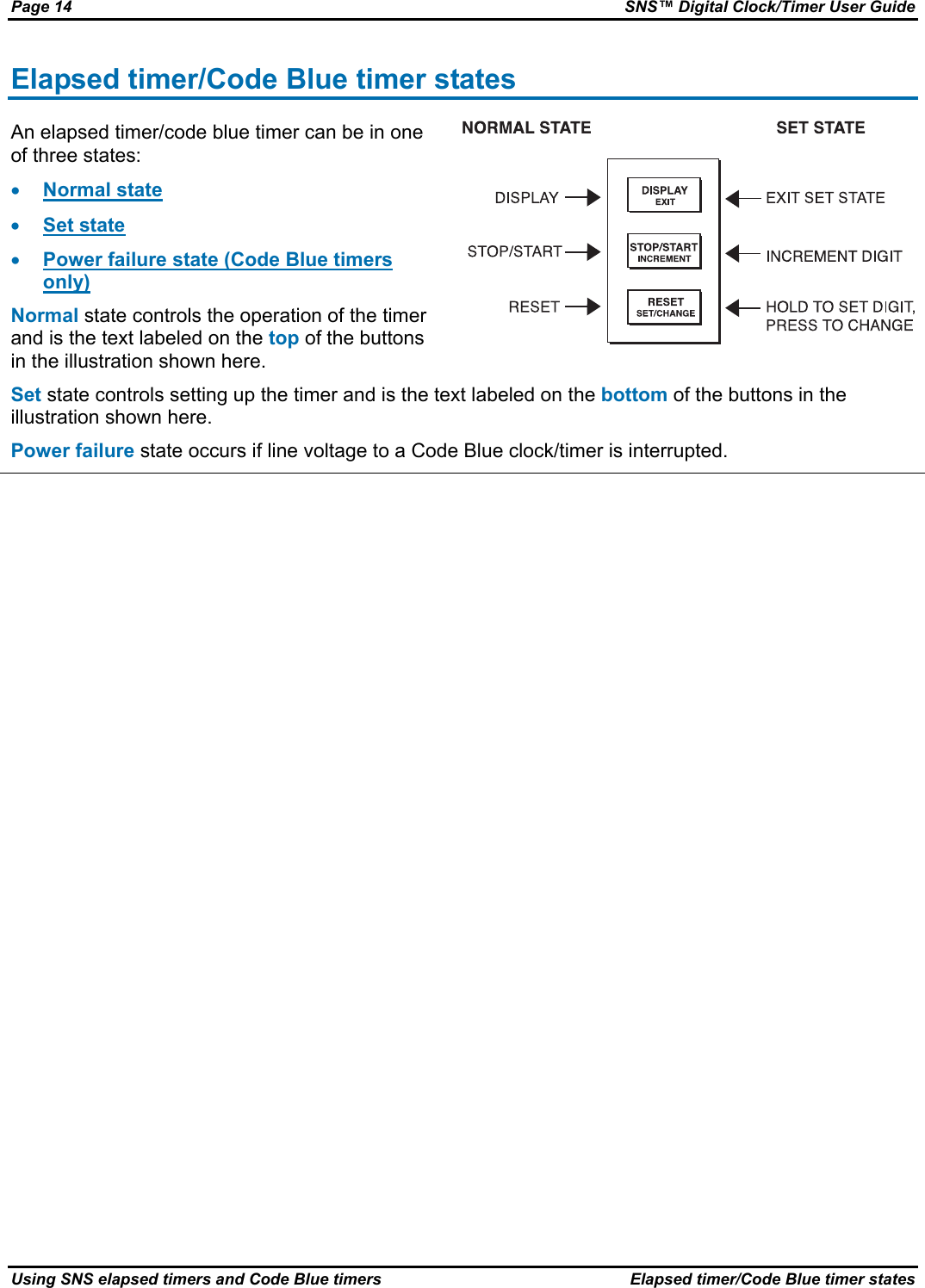 Page 14  SNS™ Digital Clock/Timer User Guide Using SNS elapsed timers and Code Blue timers  Elapsed timer/Code Blue timer states Elapsed timer/Code Blue timer states An elapsed timer/code blue timer can be in one of three states: • Normal state • Set state • Power failure state (Code Blue timers only) Normal state controls the operation of the timer and is the text labeled on the top of the buttons in the illustration shown here.  Set state controls setting up the timer and is the text labeled on the bottom of the buttons in the illustration shown here. Power failure state occurs if line voltage to a Code Blue clock/timer is interrupted.  