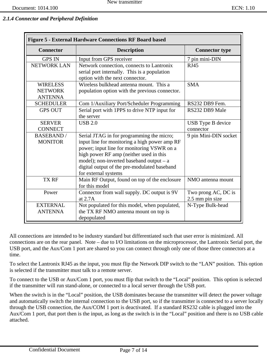  New transmitter   Document: 1014.100                                                                                                                                ECN: 1.10 Page 7 of 14  Confidential Document 2.1.4 Connector and Peripheral Definition  Figure 5 - External Hardware Connections RF Board based Connector  Description  Connector type GPS IN  Input from GPS receiver  7 pin mini-DIN NETWORK LAN  Network connection, connects to Lantronix serial port internally.  This is a population option with the next connector. RJ45 WIRELESS NETWORK ANTENNA Wireless bulkhead antenna mount.  This a population option with the previous connector.  SMA SCHEDULER  Com 1/Auxiliary Port/Scheduler Programming  RS232 DB9 Fem. GPS OUT  Serial port with 1PPS to drive NTP input for the server   RS232 DB9 Male SERVER CONNECT  USB 2.0  USB Type B device connector BASEBAND / MONITOR  Serial JTAG in for programming the micro; input line for monitoring a high power amp RF power; input line for monitoring VSWR on a high power RF amp (neither used in this model); non-inverted baseband output – a digital output of the pre-modulated baseband for external systems 9 pin Mini-DIN socket TX RF  Main RF Output, found on top of the enclosure for this model  NMO antenna mount Power  Connector from wall supply. DC output is 9V at 2.7A  Two prong AC, DC is 2.5 mm pin size  EXTERNAL ANTENNA  Not populated for this model, when populated, the TX RF NMO antenna mount on top is depopulated N-Type Bulk-head  All connections are intended to be industry standard but differentiated such that user error is minimized. All connections are on the rear panel.  Note – due to I/O limitations on the microprocessor, the Lantronix Serial port, the USB port, and the Aux/Com 1 port are shared so you can connect through only one of those three connectors at a time.   To select the Lantronix RJ45 as the input, you must flip the Network DIP switch to the “LAN” position.  This option is selected if the transmitter must talk to a remote server. To connect to the USB or Aux/Com 1 port, you must flip that switch to the “Local” position.  This option is selected if the transmitter will run stand-alone, or connected to a local server through the USB port. When the switch is in the “Local” position, the USB dominates because the transmitter will detect the power voltage and automatically switch the internal connection to the USB port, so if the transmitter is connected to a server locally through the USB connection, the Aux/COM 1 port is deactivated.  If a standard RS232 cable is plugged into the Aux/Com 1 port, that port then is the input, as long as the switch is in the “Local” position and there is no USB cable attached. 