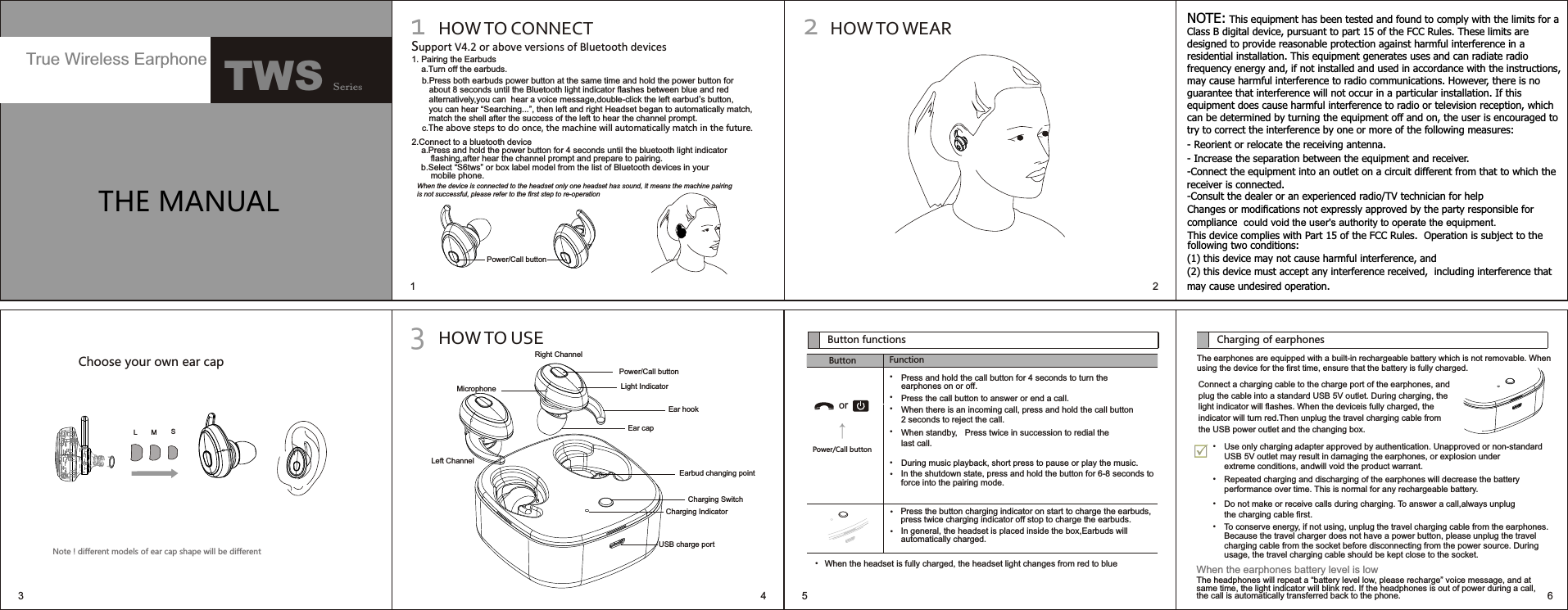 1THE MANUAL2HOW TO WEARLight Indicator 1HOW TO CONNECTb.Press both earbuds power button at the same time and hold the power button for    about 8 seconds until the Bluetooth light indicator flashes between blue and red    alternatively,you can  hear a voice message,double-click the left earbud&apos;s button,    you can hear “Searching...”, then left and right Headset began to automatically match,    match the shell after the success of the left to hear the channel prompt.c.The above steps to do once, the machine will automatically match in the future.2.Connect to a bluetooth device    a.Press and hold the power button for 4 seconds until the bluetooth light indicator         flashing,after hear the channel prompt and prepare to pairing.    b.Select “S6tws” or box label model from the list of Bluetooth devices in your         mobile phone.Support V4.2 or above versions of Bluetooth devices1. Pairing the Earbuds    a.Turn off the earbuds.4 53HOW TO USEPower/Call buttonPower/Call buttonLeft ChannelRight ChannelMicrophoneEar capEarbud changing pointCharging SwitchCharging IndicatorEar hookUSB charge portCharging of earphonesThe earphones are equipped with a built-in rechargeable battery which is not removable. When using the device for the first time, ensure that the battery is fully charged.Connect a charging cable to the charge port of the earphones, and plug the cable into a standard USB 5V outlet. During charging, the light indicator will flashes. When the deviceis fully charged, the indicator will turn red.Then unplug the travel charging cable from the USB power outlet and the changing box.Use only charging adapter approved by authentication. Unapproved or non-standard USB 5V outlet may result in damaging the earphones, or explosion under extreme conditions, andwill void the product warrant.• When the earphones battery level is lowThe headphones will repeat a “battery level low, please recharge” voice message, and at same time, the light indicator will blink red. If the headphones is out of power during a call, the call is automatically transferred back to the phone.Repeated charging and discharging of the earphones will decrease the battery performance over time. This is normal for any rechargeable battery.• Do not make or receive calls during charging. To answer a call,always unplug the charging cable first.• To conserve energy, if not using, unplug the travel charging cable from the earphones. Because the travel charger does not have a power button, please unplug the travel charging cable from the socket before disconnecting from the power source. During usage, the travel charging cable should be kept close to the socket.• 23 6SeriesTrue Wireless Earphone  Button functions Press and hold the call button for 4 seconds to turn the • • • • • Press the call button to answer or end a call.During music playback, short press to pause or play the music.When there is an incoming call, press and hold the call button 2 seconds to reject the call.When standby, Button FunctionPower/Call button•  Press the button charging indicator on start to charge the earbuds,press twice charging indicator off stop to charge the earbuds.•  In general, the headset is placed inside the box,Earbuds willautomatically charged. In the shutdown state, press and hold the button for 6-8 seconds to force into the pairing mode.• ↑• When the headset is fully charged, the headset light changes from red to bluePress twice in succession to redial the last call.earphones on or off.orL M SChoose your own ear capNote ! different models of ear cap shape will be differentTWSWhen the device is connected to the headset only one headset has sound, It means the machine pairing is not successful, please refer to the ﬁrst step to re-operationNOTE: This equipment has been tested and found to comply with the limits for a Class B digital device, pursuant to part 15 of the FCC Rules. These limits are designed to provide reasonable protection against harmful interference in a residential installation. This equipment generates uses and can radiate radio frequency energy and, if not installed and used in accordance with the instructions, may cause harmful interference to radio communications. However, there is no guarantee that interference will not occur in a particular installation. If this equipment does cause harmful interference to radio or television reception, which can be determined by turning the equipment off and on, the user is encouraged to try to correct the interference by one or more of the following measures: - Reorient or relocate the receiving antenna. - Increase the separation between the equipment and receiver. -Connect the equipment into an outlet on a circuit different from that to which the receiver is connected. -Consult the dealer or an experienced radio/TV technician for help Changes or modiﬁcations not expressly approved by the party responsible for compliance  could void the user&apos;s authority to operate the equipment.This device complies with Part 15 of the FCC Rules.  Operation is subject to the following two conditions:  (1) this device may not cause harmful interference, and  (2) this device must accept any interference received,  including interference that may cause undesired operation.   
