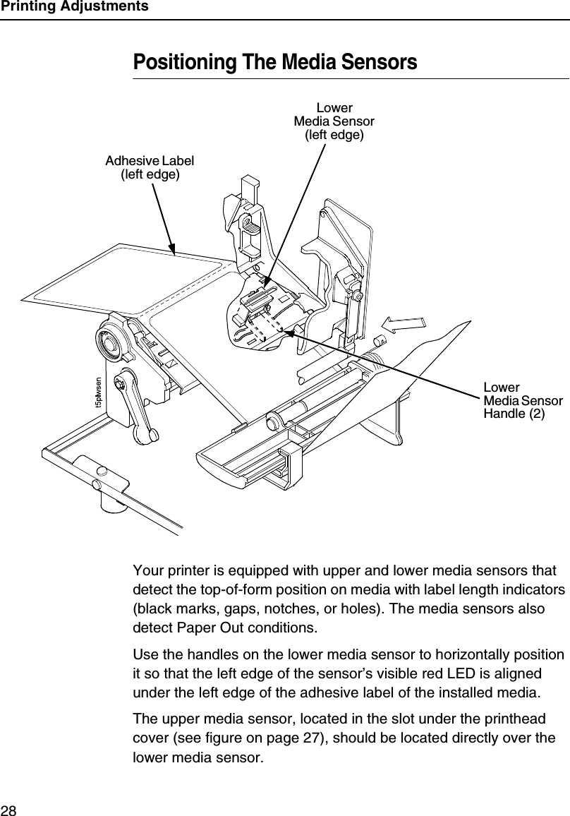 Printing Adjustments28Positioning The Media SensorsYour printer is equipped with upper and lower media sensors that detect the top-of-form position on media with label length indicators (black marks, gaps, notches, or holes). The media sensors also detect Paper Out conditions.Use the handles on the lower media sensor to horizontally position it so that the left edge of the sensor&rsquo;s visible red LED is aligned under the left edge of the adhesive label of the installed media.The upper media sensor, located in the slot under the printhead cover (see figure on page 27), should be located directly over the lower media sensor.LowerMedia Sensor Handle (2)LowerMedia Sensor (left edge)Adhesive Label (left edge)
