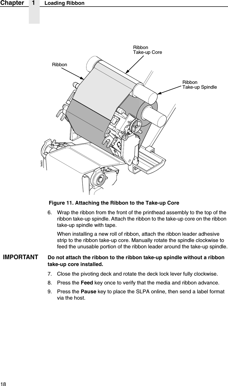 18Chapter 1 Loading RibbonFigure 11. Attaching the Ribbon to the Take-up Core6. Wrap the ribbon from the front of the printhead assembly to the top of the ribbon take-up spindle. Attach the ribbon to the take-up core on the ribbon take-up spindle with tape.When installing a new roll of ribbon, attach the ribbon leader adhesive strip to the ribbon take-up core. Manually rotate the spindle clockwise to feed the unusable portion of the ribbon leader around the take-up spindle.IMPORTANTDo not attach the ribbon to the ribbon take-up spindle without a ribbon take-up core installed.7. Close the pivoting deck and rotate the deck lock lever fully clockwise.8. Press the Feed key once to verify that the media and ribbon advance.9. Press the Pause key to place the SLPA online, then send a label format via the host.Ribbon Take-up CoreRibbon Take-up SpindleRibbon