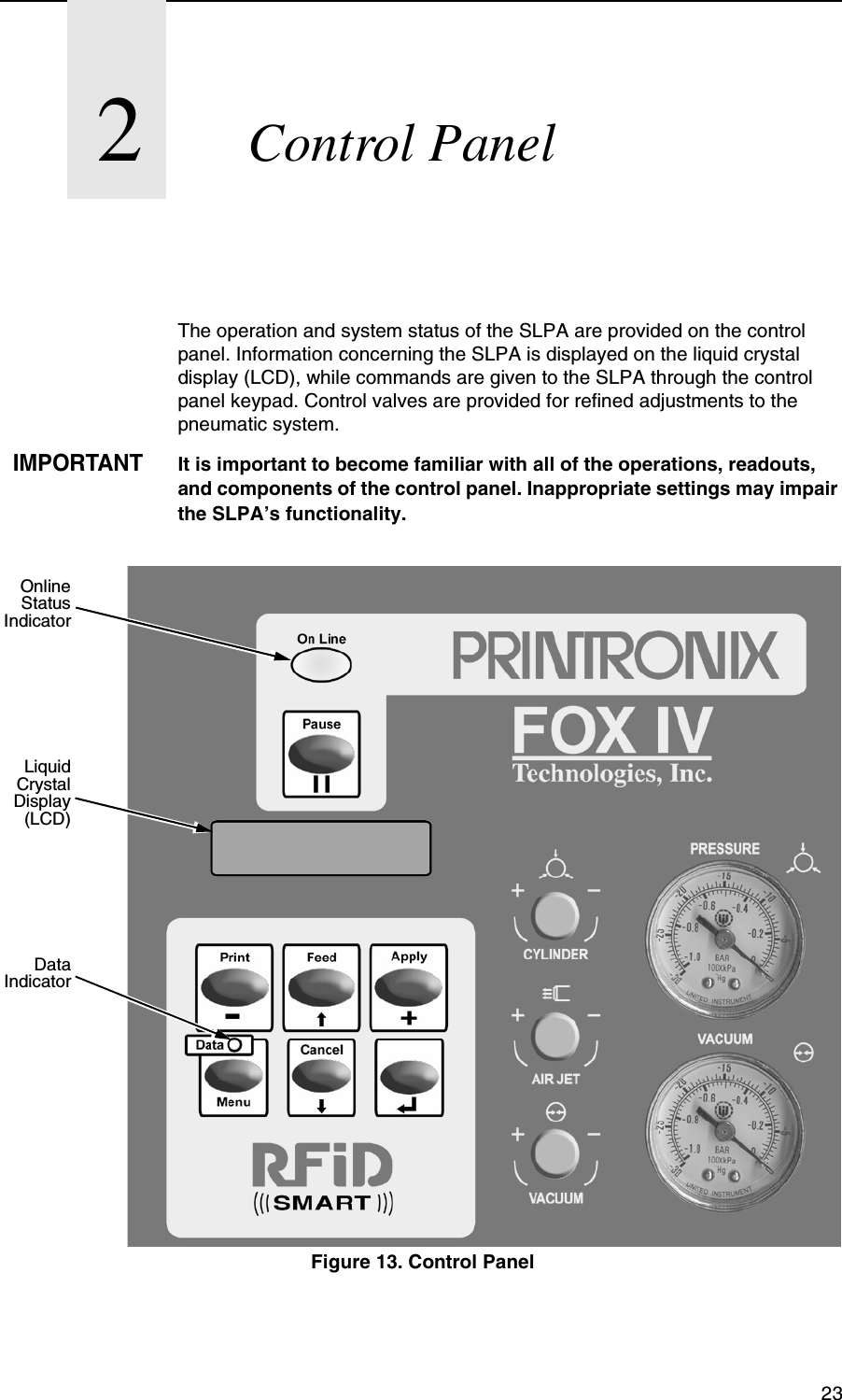 232Control PanelThe operation and system status of the SLPA are provided on the control panel. Information concerning the SLPA is displayed on the liquid crystal display (LCD), while commands are given to the SLPA through the control panel keypad. Control valves are provided for refined adjustments to the pneumatic system.IMPORTANTIt is important to become familiar with all of the operations, readouts, and components of the control panel. Inappropriate settings may impair the SLPA&rsquo;s functionality.Figure 13. Control PanelOnlineStatusIndicatorDataIndicatorLiquidCrystalDisplay(LCD)