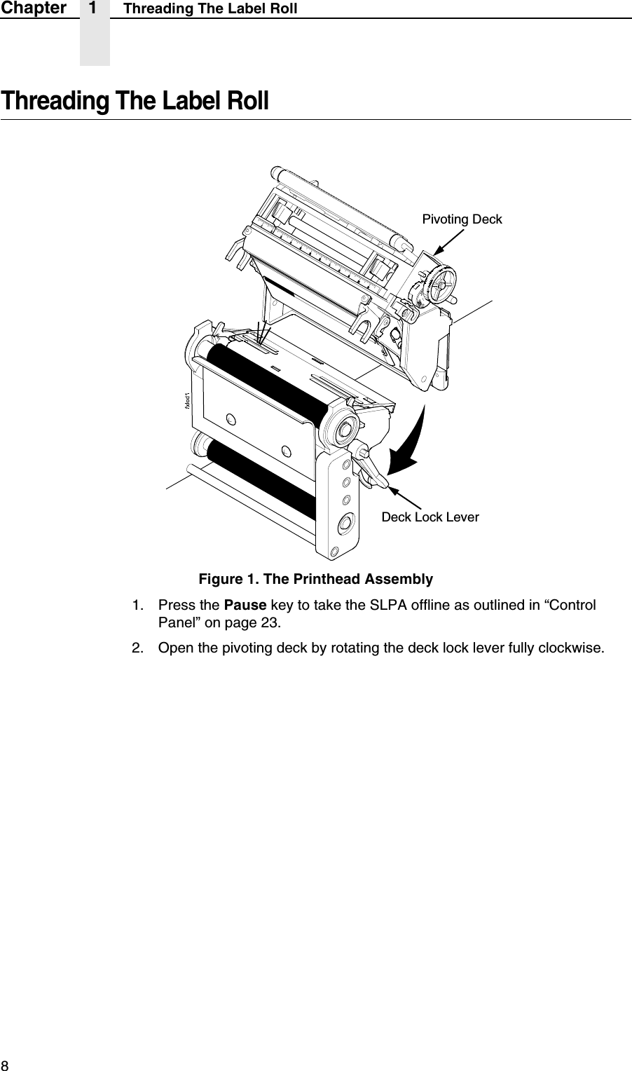 8Chapter 1 Threading The Label RollThreading The Label RollFigure 1. The Printhead Assembly1. Press the Pause key to take the SLPA offline as outlined in &ldquo;Control Panel&rdquo; on page 23.2. Open the pivoting deck by rotating the deck lock lever fully clockwise.Pivoting DeckDeck Lock Lever