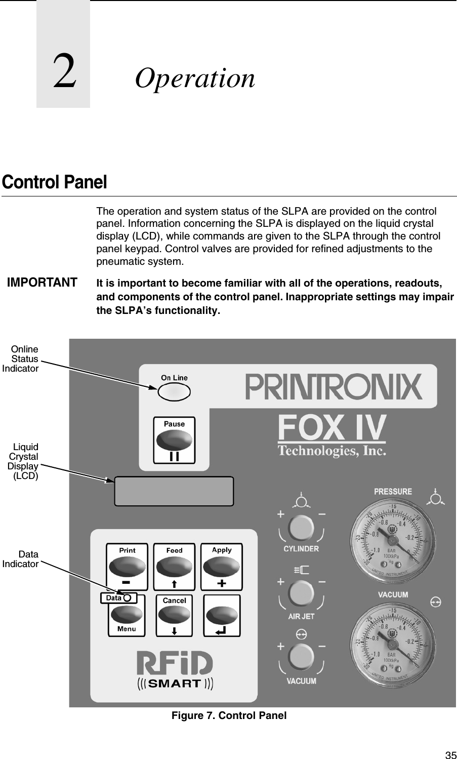 352OperationControl PanelThe operation and system status of the SLPA are provided on the control panel. Information concerning the SLPA is displayed on the liquid crystal display (LCD), while commands are given to the SLPA through the control panel keypad. Control valves are provided for refined adjustments to the pneumatic system.IMPORTANTIt is important to become familiar with all of the operations, readouts, and components of the control panel. Inappropriate settings may impair the SLPA&rsquo;s functionality.Figure 7. Control PanelOnlineStatusIndicatorDataIndicatorLiquidCrystalDisplay(LCD)