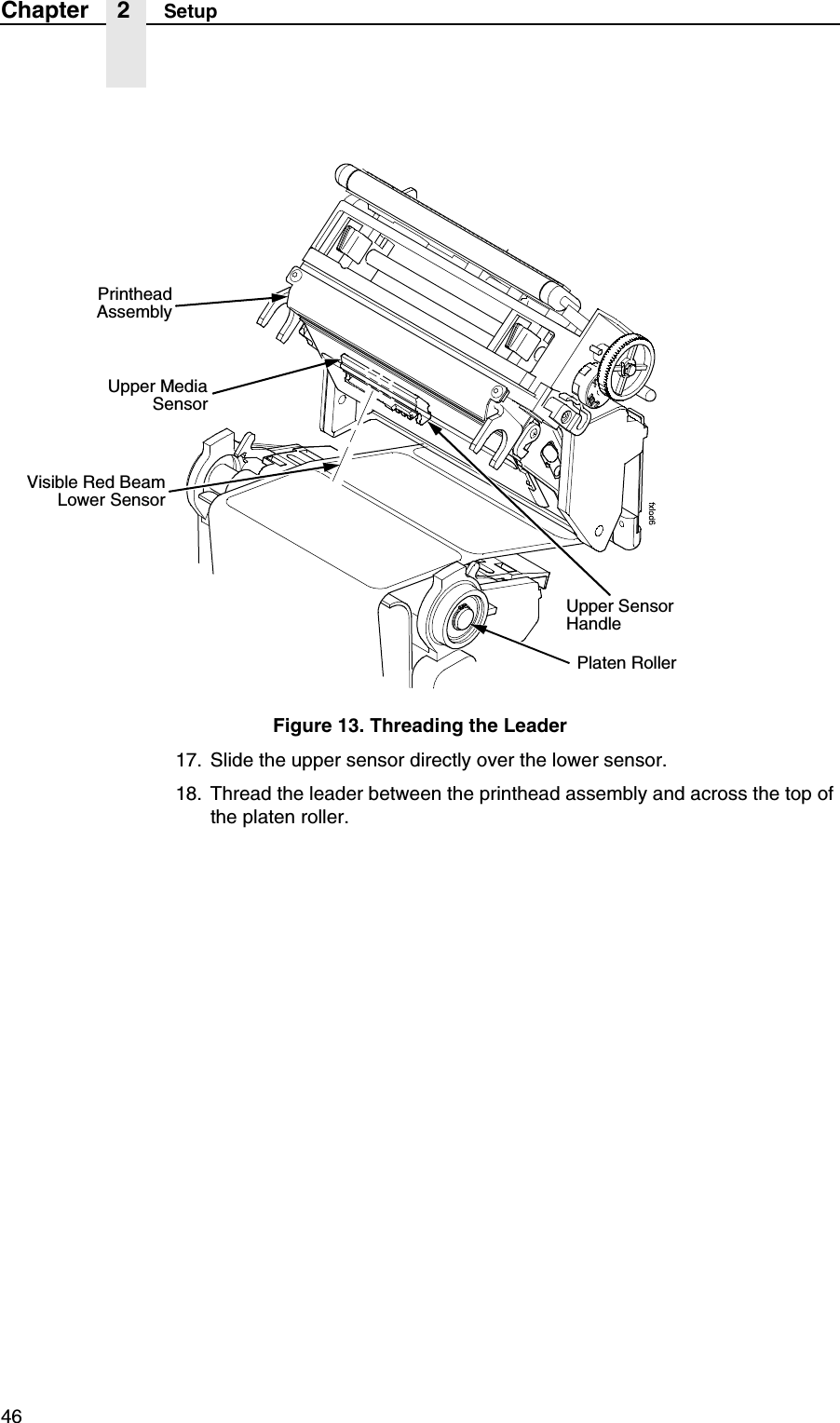 46Chapter 2 SetupFigure 13. Threading the Leader17. Slide the upper sensor directly over the lower sensor.18. Thread the leader between the printhead assembly and across the top of the platen roller.Upper MediaSensorVisible Red BeamLower SensorUpper Sensor HandlePlaten RollerPrintheadAssembly