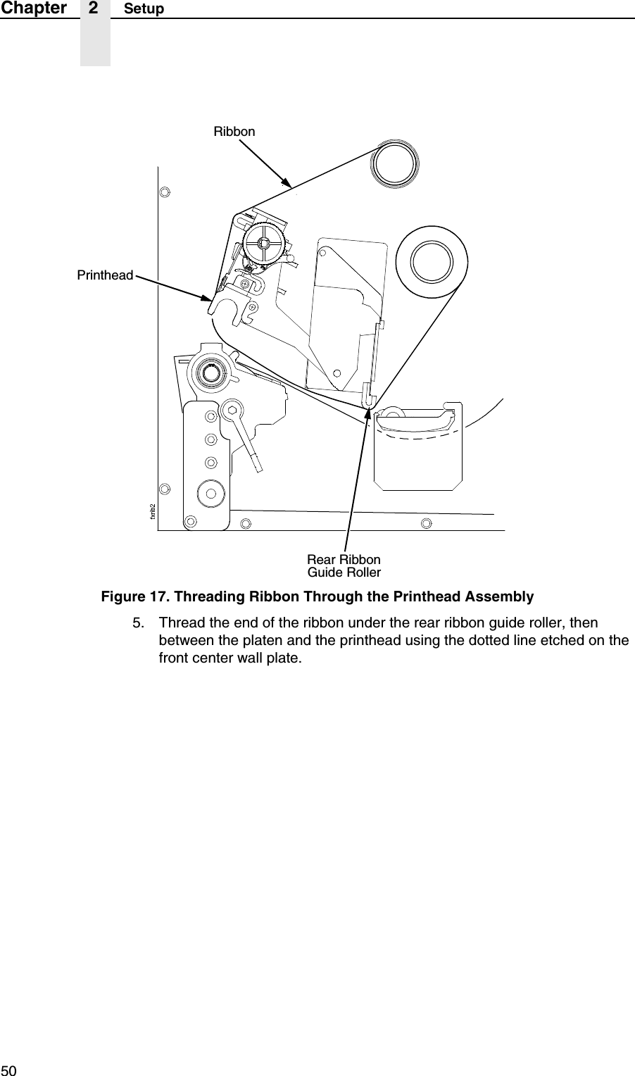 50Chapter 2 SetupFigure 17. Threading Ribbon Through the Printhead Assembly5. Thread the end of the ribbon under the rear ribbon guide roller, then between the platen and the printhead using the dotted line etched on the front center wall plate.RibbonPrintheadRear RibbonGuide Roller