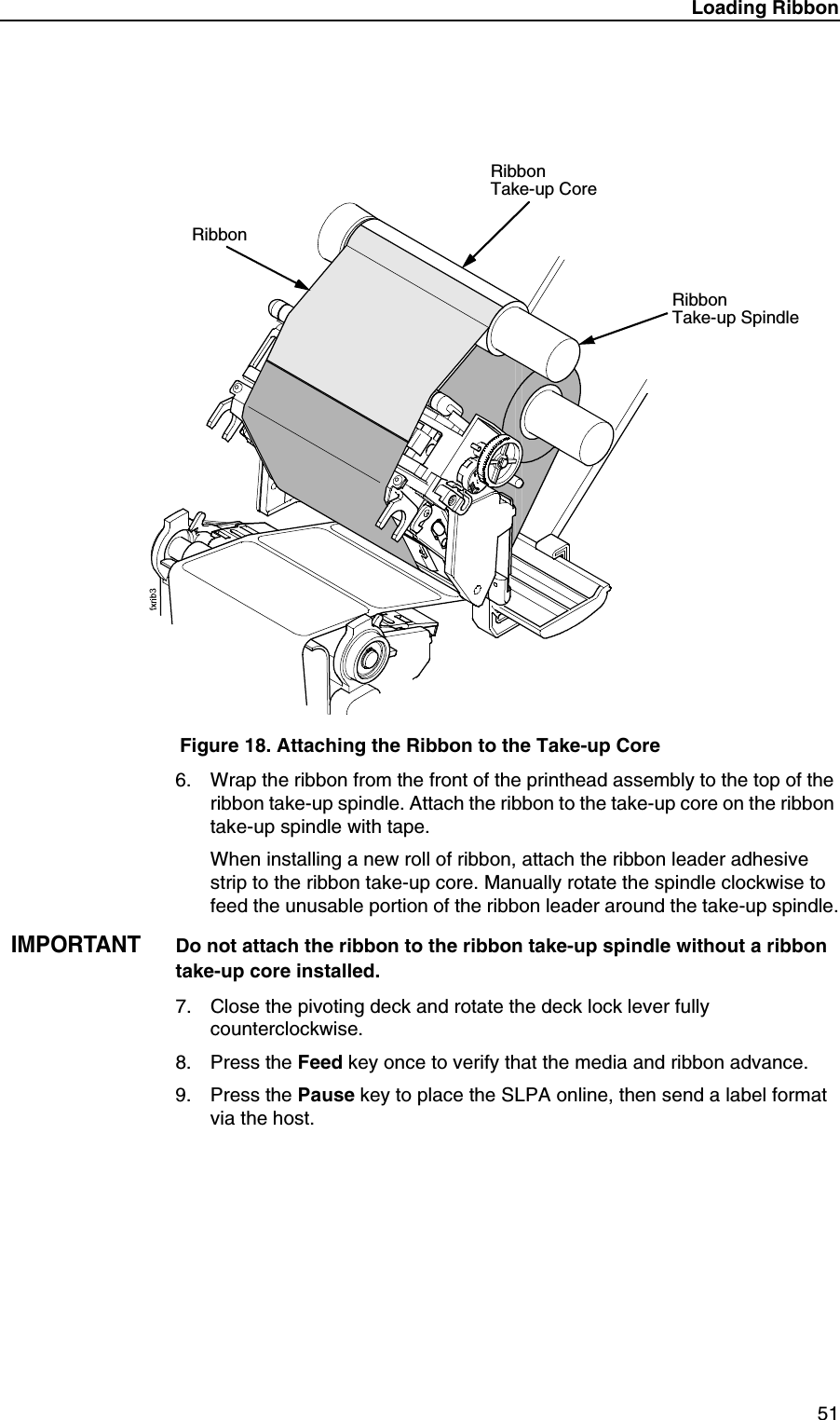 Loading Ribbon51Figure 18. Attaching the Ribbon to the Take-up Core6. Wrap the ribbon from the front of the printhead assembly to the top of the ribbon take-up spindle. Attach the ribbon to the take-up core on the ribbon take-up spindle with tape.When installing a new roll of ribbon, attach the ribbon leader adhesive strip to the ribbon take-up core. Manually rotate the spindle clockwise to feed the unusable portion of the ribbon leader around the take-up spindle.IMPORTANTDo not attach the ribbon to the ribbon take-up spindle without a ribbon take-up core installed.7. Close the pivoting deck and rotate the deck lock lever fully counterclockwise.8. Press the Feed key once to verify that the media and ribbon advance.9. Press the Pause key to place the SLPA online, then send a label format via the host.RibbonTake-up CoreRibbonTake-up SpindleRibbon