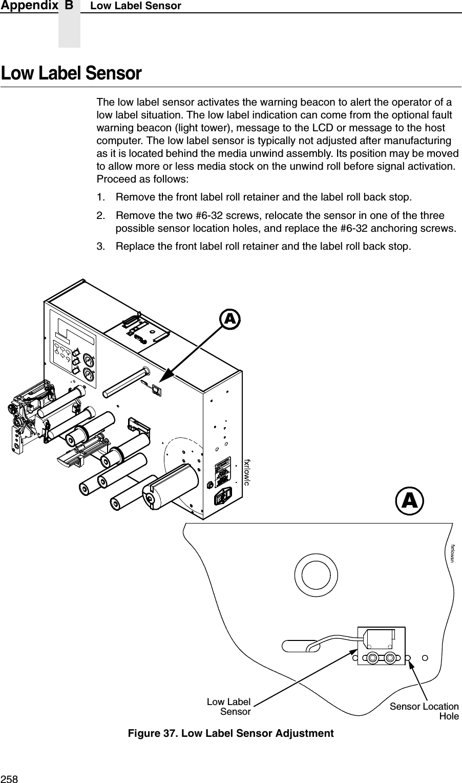 258Appendix B Low Label SensorLow Label SensorThe low label sensor activates the warning beacon to alert the operator of a low label situation. The low label indication can come from the optional fault warning beacon (light tower), message to the LCD or message to the host computer. The low label sensor is typically not adjusted after manufacturing as it is located behind the media unwind assembly. Its position may be moved to allow more or less media stock on the unwind roll before signal activation. Proceed as follows:1. Remove the front label roll retainer and the label roll back stop.2. Remove the two #6-32 screws, relocate the sensor in one of the three possible sensor location holes, and replace the #6-32 anchoring screws.3. Replace the front label roll retainer and the label roll back stop.Figure 37. Low Label Sensor AdjustmentAALow LabelSensor Sensor LocationHole
