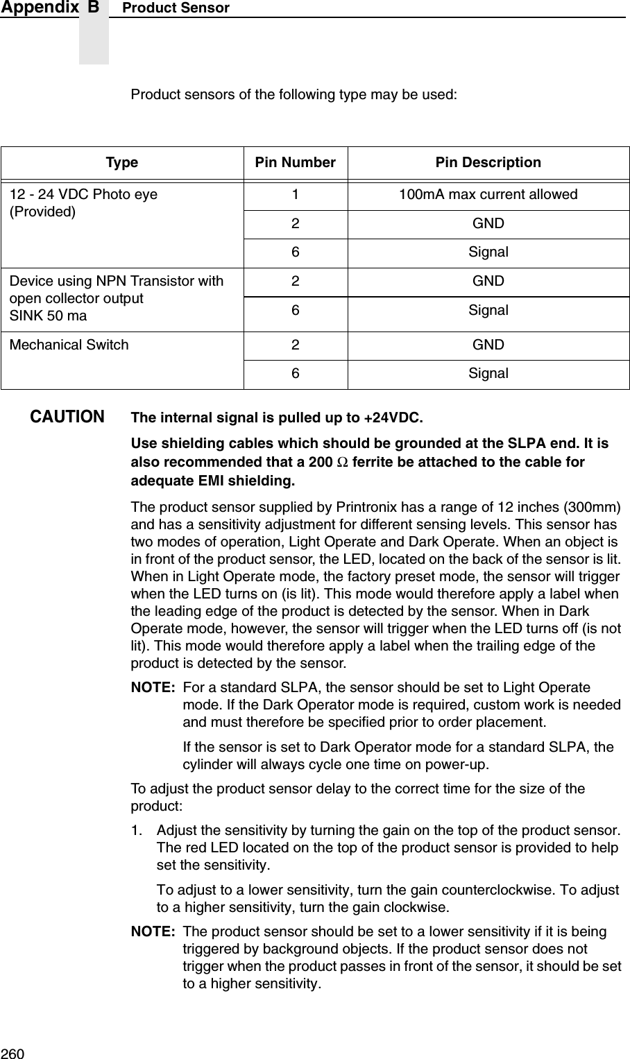 260Appendix B Product SensorProduct sensors of the following type may be used:CAUTIONThe internal signal is pulled up to +24VDC. Use shielding cables which should be grounded at the SLPA end. It is also recommended that a 200 Ω ferrite be attached to the cable for adequate EMI shielding.The product sensor supplied by Printronix has a range of 12 inches (300mm) and has a sensitivity adjustment for different sensing levels. This sensor has two modes of operation, Light Operate and Dark Operate. When an object is in front of the product sensor, the LED, located on the back of the sensor is lit. When in Light Operate mode, the factory preset mode, the sensor will trigger when the LED turns on (is lit). This mode would therefore apply a label when the leading edge of the product is detected by the sensor. When in Dark Operate mode, however, the sensor will trigger when the LED turns off (is not lit). This mode would therefore apply a label when the trailing edge of the product is detected by the sensor.NOTE: For a standard SLPA, the sensor should be set to Light Operate mode. If the Dark Operator mode is required, custom work is needed and must therefore be specified prior to order placement.If the sensor is set to Dark Operator mode for a standard SLPA, the cylinder will always cycle one time on power-up.To adjust the product sensor delay to the correct time for the size of the product:1. Adjust the sensitivity by turning the gain on the top of the product sensor. The red LED located on the top of the product sensor is provided to help set the sensitivity.To adjust to a lower sensitivity, turn the gain counterclockwise. To adjust to a higher sensitivity, turn the gain clockwise.NOTE: The product sensor should be set to a lower sensitivity if it is being triggered by background objects. If the product sensor does not trigger when the product passes in front of the sensor, it should be set to a higher sensitivity.Type Pin Number Pin Description12 - 24 VDC Photo eye(Provided)1 100mA max current allowed2GND6 SignalDevice using NPN Transistor with open collector outputSINK 50 ma2GND6 SignalMechanical Switch 2 GND6 Signal
