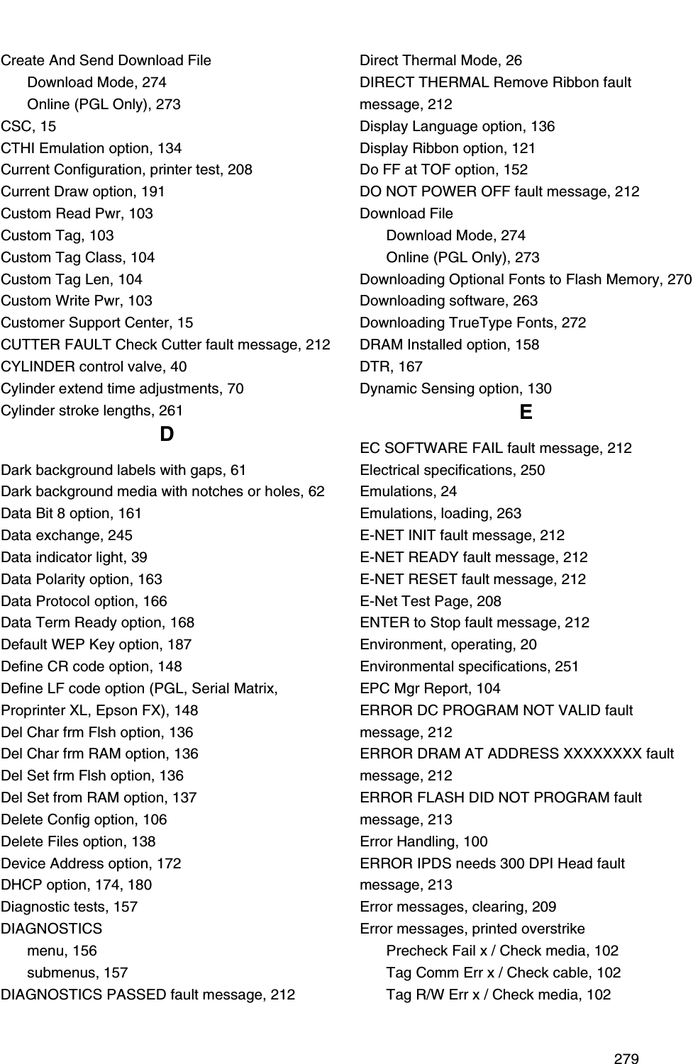  279Create And Send Download FileDownload Mode, 274Online (PGL Only), 273CSC, 15CTHI Emulation option, 134Current Configuration, printer test, 208Current Draw option, 191Custom Read Pwr, 103Custom Tag, 103Custom Tag Class, 104Custom Tag Len, 104Custom Write Pwr, 103Customer Support Center, 15CUTTER FAULT Check Cutter fault message, 212CYLINDER control valve, 40Cylinder extend time adjustments, 70Cylinder stroke lengths, 261DDark background labels with gaps, 61Dark background media with notches or holes, 62Data Bit 8 option, 161Data exchange, 245Data indicator light, 39Data Polarity option, 163Data Protocol option, 166Data Term Ready option, 168Default WEP Key option, 187Define CR code option, 148Define LF code option (PGL, Serial Matrix, Proprinter XL, Epson FX), 148Del Char frm Flsh option, 136Del Char frm RAM option, 136Del Set frm Flsh option, 136Del Set from RAM option, 137Delete Config option, 106Delete Files option, 138Device Address option, 172DHCP option, 174, 180Diagnostic tests, 157DIAGNOSTICSmenu, 156submenus, 157DIAGNOSTICS PASSED fault message, 212Direct Thermal Mode, 26DIRECT THERMAL Remove Ribbon fault message, 212Display Language option, 136Display Ribbon option, 121Do FF at TOF option, 152DO NOT POWER OFF fault message, 212Download FileDownload Mode, 274Online (PGL Only), 273Downloading Optional Fonts to Flash Memory, 270Downloading software, 263Downloading TrueType Fonts, 272DRAM Installed option, 158DTR, 167Dynamic Sensing option, 130EEC SOFTWARE FAIL fault message, 212Electrical specifications, 250Emulations, 24Emulations, loading, 263E-NET INIT fault message, 212E-NET READY fault message, 212E-NET RESET fault message, 212E-Net Test Page, 208ENTER to Stop fault message, 212Environment, operating, 20Environmental specifications, 251EPC Mgr Report, 104ERROR DC PROGRAM NOT VALID fault message, 212ERROR DRAM AT ADDRESS XXXXXXXX fault message, 212ERROR FLASH DID NOT PROGRAM fault message, 213Error Handling, 100ERROR IPDS needs 300 DPI Head fault message, 213Error messages, clearing, 209Error messages, printed overstrikePrecheck Fail x / Check media, 102Tag Comm Err x / Check cable, 102Tag R/W Err x / Check media, 102
