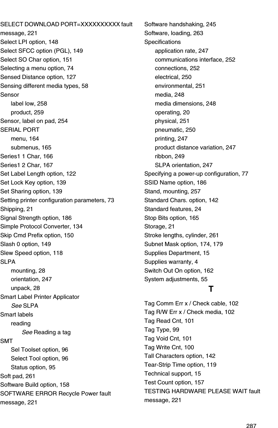  287SELECT DOWNLOAD PORT=XXXXXXXXXX fault message, 221Select LPI option, 148Select SFCC option (PGL), 149Select SO Char option, 151Selecting a menu option, 74Sensed Distance option, 127Sensing different media types, 58Sensorlabel low, 258product, 259Sensor, label on pad, 254SERIAL PORTmenu, 164submenus, 165Series1 1 Char, 166Series1 2 Char, 167Set Label Length option, 122Set Lock Key option, 139Set Sharing option, 139Setting printer configuration parameters, 73Shipping, 21Signal Strength option, 186Simple Protocol Converter, 134Skip Cmd Prefix option, 150Slash 0 option, 149Slew Speed option, 118SLPAmounting, 28orientation, 247unpack, 28Smart Label Printer ApplicatorSee SLPASmart labelsreadingSee Reading a tagSMTSel Toolset option, 96Select Tool option, 96Status option, 95Soft pad, 261Software Build option, 158SOFTWARE ERROR Recycle Power fault message, 221Software handshaking, 245Software, loading, 263Specificationsapplication rate, 247communications interface, 252connections, 252electrical, 250environmental, 251media, 248media dimensions, 248operating, 20physical, 251pneumatic, 250printing, 247product distance variation, 247ribbon, 249SLPA orientation, 247Specifying a power-up configuration, 77SSID Name option, 186Stand, mounting, 257Standard Chars. option, 142Standard features, 24Stop Bits option, 165Storage, 21Stroke lengths, cylinder, 261Subnet Mask option, 174, 179Supplies Department, 15Supplies warranty, 4Switch Out On option, 162System adjustments, 55TTag Comm Err x / Check cable, 102Tag R/W Err x / Check media, 102Tag Read Cnt, 101Tag Type, 99Tag Void Cnt, 101Tag Write Cnt, 100Tall Characters option, 142Tear-Strip Time option, 119Technical support, 15Test Count option, 157TESTING HARDWARE PLEASE WAIT fault message, 221