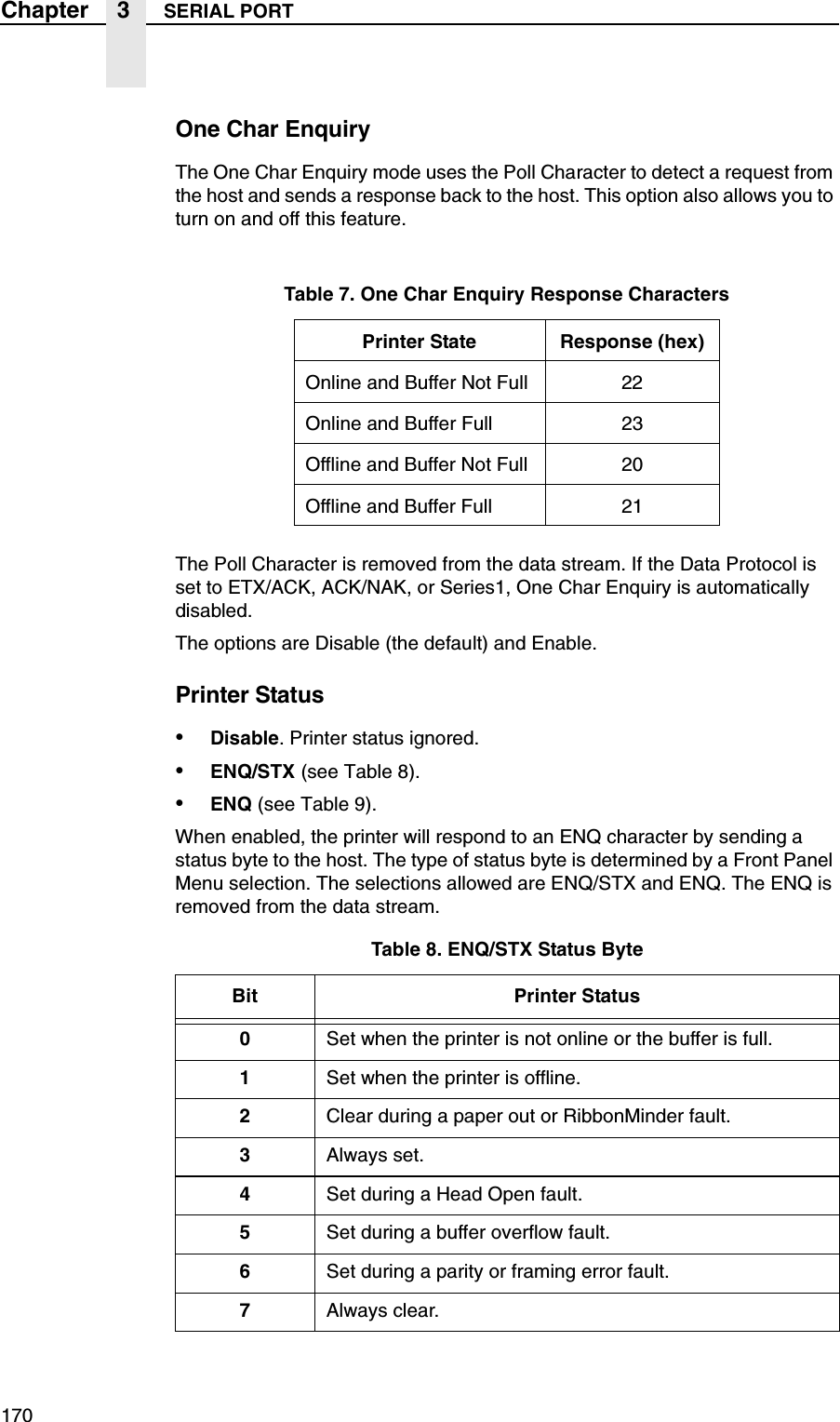 170Chapter 3 SERIAL PORTOne Char EnquiryThe One Char Enquiry mode uses the Poll Character to detect a request from the host and sends a response back to the host. This option also allows you to turn on and off this feature.The Poll Character is removed from the data stream. If the Data Protocol is set to ETX/ACK, ACK/NAK, or Series1, One Char Enquiry is automatically disabled.The options are Disable (the default) and Enable.Printer Status&bull;Disable. Printer status ignored.&bull;ENQ/STX (see Table 8).&bull;ENQ (see Table 9).When enabled, the printer will respond to an ENQ character by sending a status byte to the host. The type of status byte is determined by a Front Panel Menu selection. The selections allowed are ENQ/STX and ENQ. The ENQ is removed from the data stream.Table 7. One Char Enquiry Response CharactersPrinter State Response (hex)Online and Buffer Not Full 22Online and Buffer Full 23Offline and Buffer Not Full 20Offline and Buffer Full 21Table 8. ENQ/STX Status ByteBit Printer Status0Set when the printer is not online or the buffer is full.1Set when the printer is offline.2Clear during a paper out or RibbonMinder fault.3Always set.4Set during a Head Open fault.5Set during a buffer overflow fault.6Set during a parity or framing error fault.7Always clear.