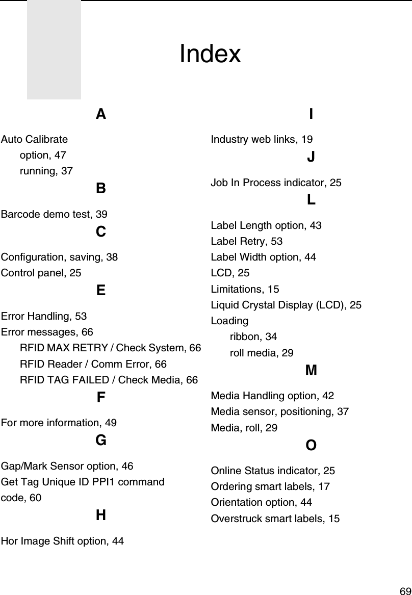 69AAuto Calibrateoption, 47running, 37BBarcode demo test, 39CConfiguration, saving, 38Control panel, 25EError Handling, 53Error messages, 66RFID MAX RETRY / Check System, 66RFID Reader / Comm Error, 66RFID TAG FAILED / Check Media, 66FFor more information, 49GGap/Mark Sensor option, 46Get Tag Unique ID PPI1 commandcode, 60HHor Image Shift option, 44IIndustry web links, 19JJob In Process indicator, 25LLabel Length option, 43Label Retry, 53Label Width option, 44LCD, 25Limitations, 15Liquid Crystal Display (LCD), 25Loadingribbon, 34roll media, 29MMedia Handling option, 42Media sensor, positioning, 37Media, roll, 29OOnline Status indicator, 25Ordering smart labels, 17Orientation option, 44Overstruck smart labels, 15Index