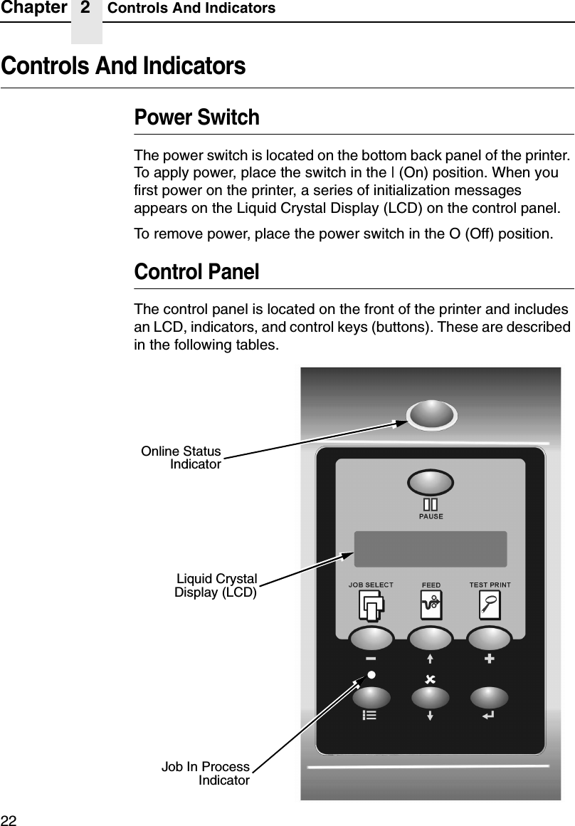Chapter 2 Controls And Indicators22Controls And IndicatorsPower SwitchThe power switch is located on the bottom back panel of the printer. To apply power, place the switch in the | (On) position. When you first power on the printer, a series of initialization messages appears on the Liquid Crystal Display (LCD) on the control panel. To remove power, place the power switch in the O (Off) position.Control PanelThe control panel is located on the front of the printer and includes an LCD, indicators, and control keys (buttons). These are described in the following tables.Liquid CrystalDisplay (LCD)Online StatusIndicatorJob In ProcessIndicator