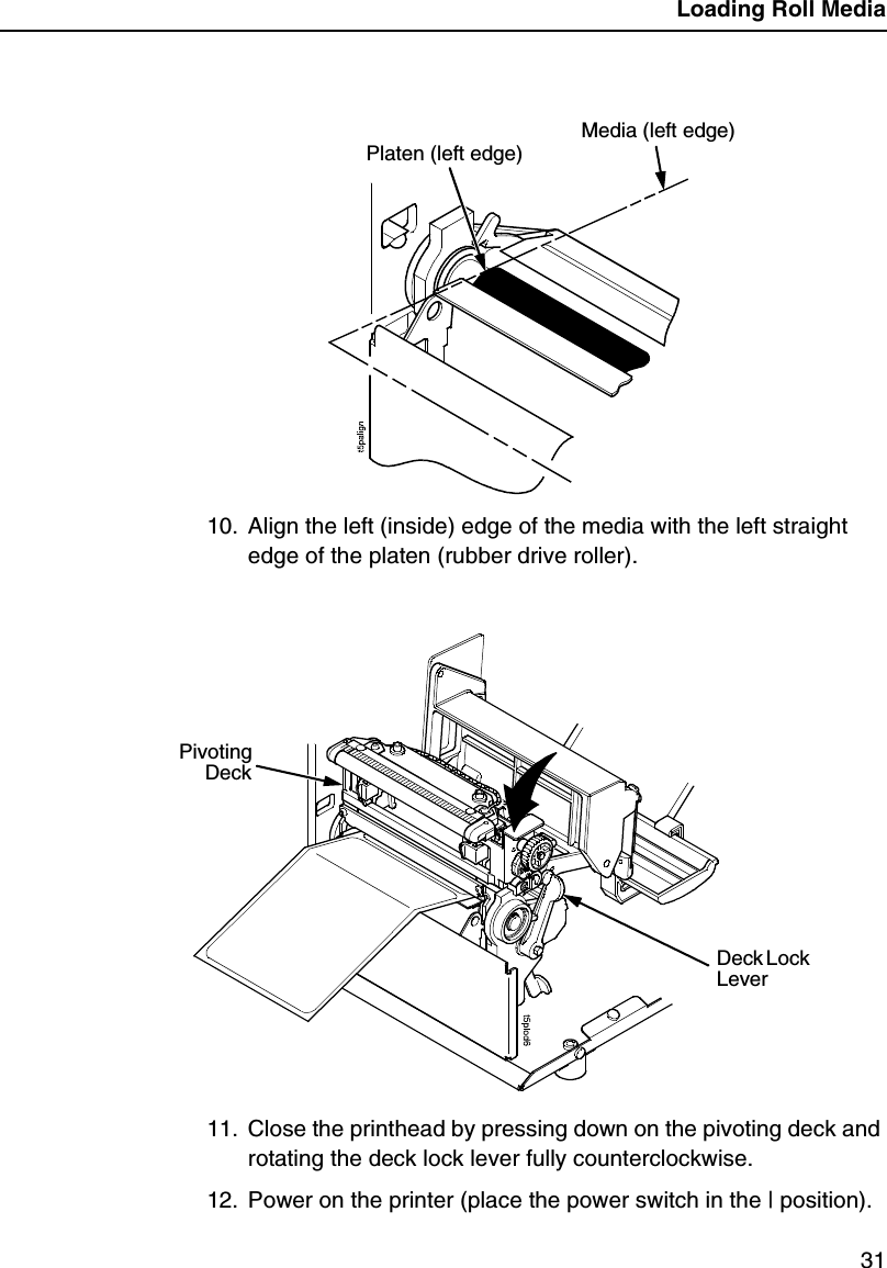 Loading Roll Media3110. Align the left (inside) edge of the media with the left straight edge of the platen (rubber drive roller).11. Close the printhead by pressing down on the pivoting deck and rotating the deck lock lever fully counterclockwise.12. Power on the printer (place the power switch in the | position).Platen (left edge)Media (left edge) Deck Lock LeverPivotingDeck