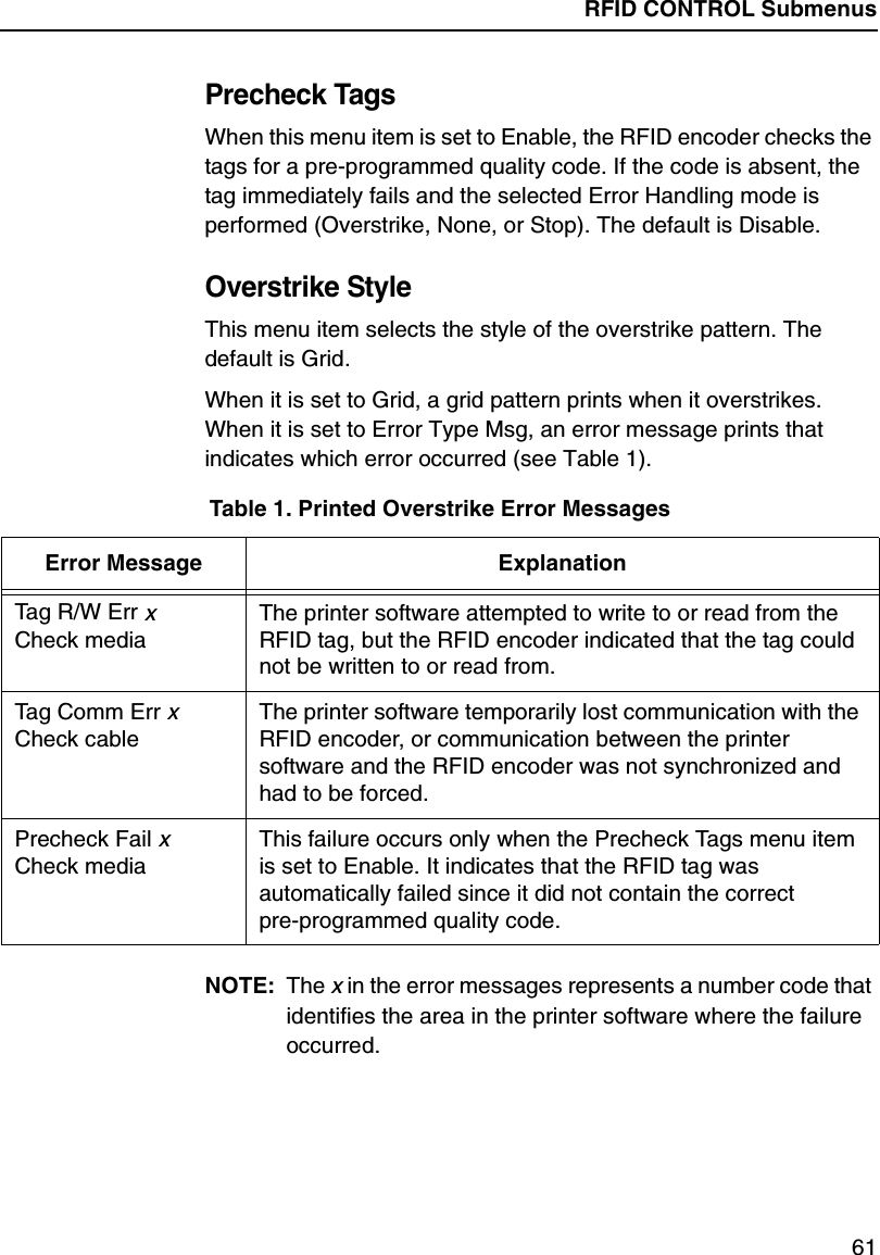 RFID CONTROL Submenus61Precheck TagsWhen this menu item is set to Enable, the RFID encoder checks the tags for a pre-programmed quality code. If the code is absent, the tag immediately fails and the selected Error Handling mode is performed (Overstrike, None, or Stop). The default is Disable.Overstrike StyleThis menu item selects the style of the overstrike pattern. The default is Grid.When it is set to Grid, a grid pattern prints when it overstrikes. When it is set to Error Type Msg, an error message prints that indicates which error occurred (see Table 1).NOTE: The x in the error messages represents a number code that identifies the area in the printer software where the failure occurred.Table 1. Printed Overstrike Error MessagesError Message ExplanationTa g R /W  E r r xCheck mediaThe printer software attempted to write to or read from the RFID tag, but the RFID encoder indicated that the tag could not be written to or read from.Tag Comm Err xCheck cableThe printer software temporarily lost communication with the RFID encoder, or communication between the printer software and the RFID encoder was not synchronized and had to be forced.Precheck Fail xCheck mediaThis failure occurs only when the Precheck Tags menu item is set to Enable. It indicates that the RFID tag was automatically failed since it did not contain the correct pre-programmed quality code.