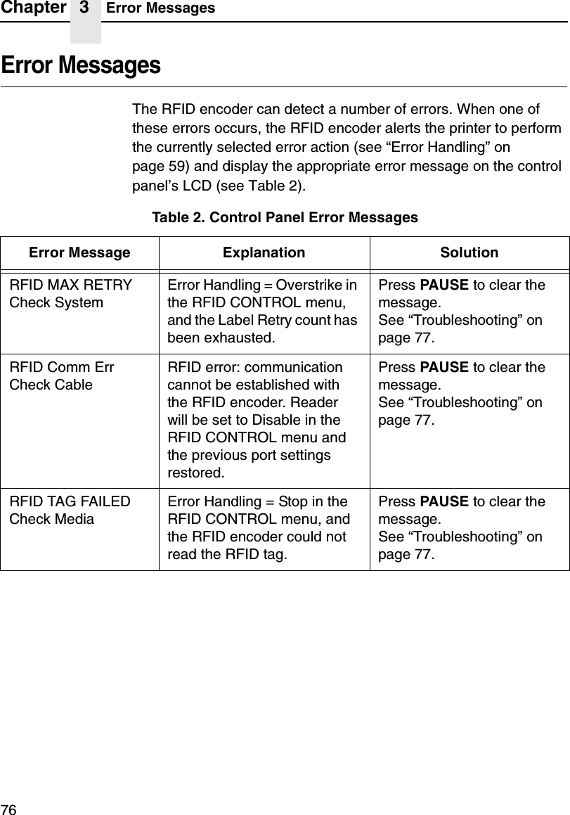 Chapter 3 Error Messages76Error MessagesThe RFID encoder can detect a number of errors. When one of these errors occurs, the RFID encoder alerts the printer to perform the currently selected error action (see &ldquo;Error Handling&rdquo; on page 59) and display the appropriate error message on the control panel&rsquo;s LCD (see Table 2).Table 2. Control Panel Error MessagesError Message Explanation SolutionRFID MAX RETRYCheck SystemError Handling = Overstrike in the RFID CONTROL menu, and the Label Retry count has been exhausted.Press PAUSE to clear the message.See &ldquo;Troubleshooting&rdquo; on page 77.RFID Comm ErrCheck CableRFID error: communication cannot be established with the RFID encoder. Reader will be set to Disable in the RFID CONTROL menu and the previous port settings restored.Press PAUSE to clear the message.See &ldquo;Troubleshooting&rdquo; on page 77.RFID TAG FAILEDCheck MediaError Handling = Stop in the RFID CONTROL menu, and the RFID encoder could not read the RFID tag.Press PAUSE to clear the message.See &ldquo;Troubleshooting&rdquo; on page 77.