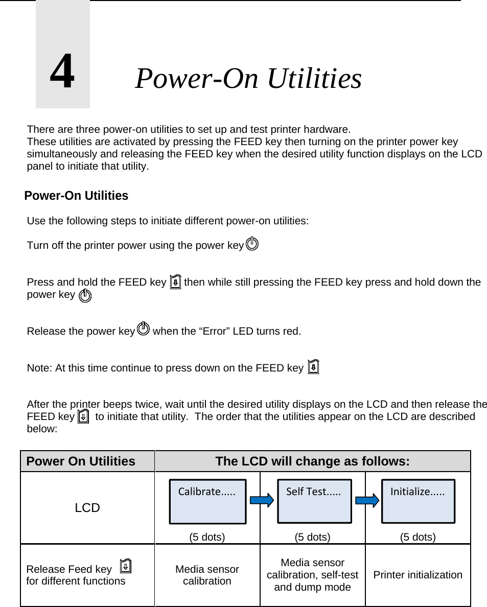       4       Power-On Utilities  There are three power-on utilities to set up and test printer hardware.  These utilities are activated by pressing the FEED key then turning on the printer power key simultaneously and releasing the FEED key when the desired utility function displays on the LCD panel to initiate that utility.  Power-On Utilities  Use the following steps to initiate different power-on utilities:  Turn off the printer power using the power key    Press and hold the FEED key      then while still pressing the FEED key press and hold down the power key    Release the power key      when the &ldquo;Error&rdquo; LED turns red.   Note: At this time continue to press down on the FEED key   After the printer beeps twice, wait until the desired utility displays on the LCD and then release the FEED key       to initiate that utility.  The order that the utilities appear on the LCD are described below:  Power On Utilities  The LCD will change as follows: LCD (5 dots)  (5 dots)  (5 dots) Release Feed key          for different functions  Media sensor calibration Media sensor calibration, self-test and dump mode  Printer initialization       Calibrate..... SelfTest..... Initialize..... 