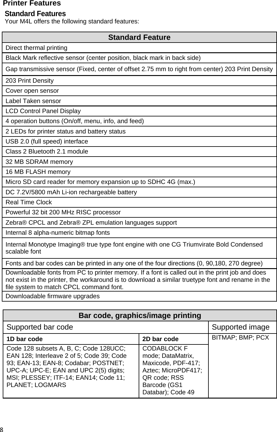 8Printer Features Standard Features Your M4L offers the following standard features: Standard Feature Direct thermal printing Black Mark reflective sensor (center position, black mark in back side) Gap transmissive sensor (Fixed, center of offset 2.75 mm to right from center) 203 Print Density203 Print Density Cover open sensor Label Taken sensor LCD Control Panel Display 4 operation buttons (On/off, menu, info, and feed) 2 LEDs for printer status and battery status USB 2.0 (full speed) interface Class 2 Bluetooth 2.1 module 32 MB SDRAM memory 16 MB FLASH memory Micro SD card reader for memory expansion up to SDHC 4G (max.) DC 7.2V/5800 mAh Li-ion rechargeable battery Real Time Clock Powerful 32 bit 200 MHz RISC processor Zebra&reg; CPCL and Zebra&reg; ZPL emulation languages support Internal 8 alpha-numeric bitmap fonts Internal Monotype Imaging&reg; true type font engine with one CG Triumvirate Bold Condensed scalable font Fonts and bar codes can be printed in any one of the four directions (0, 90,180, 270 degree) Downloadable fonts from PC to printer memory. If a font is called out in the print job and does not exist in the printer, the workaround is to download a similar truetype font and rename in the file system to match CPCL command font. Downloadable firmware upgrades Bar code, graphics/image printing Supported bar code   Supported image 1D bar code  2D bar code  BITMAP; BMP; PCX  Code 128 subsets A, B, C; Code 128UCC; EAN 128; Interleave 2 of 5; Code 39; Code 93; EAN-13; EAN-8; Codabar; POSTNET; UPC-A; UPC-E; EAN and UPC 2(5) digits; MSI; PLESSEY; ITF-14; EAN14; Code 11; PLANET; LOGMARS CODABLOCK F mode; DataMatrix, Maxicode, PDF-417; Aztec; MicroPDF417; QR code; RSS Barcode (GS1 Databar); Code 49 