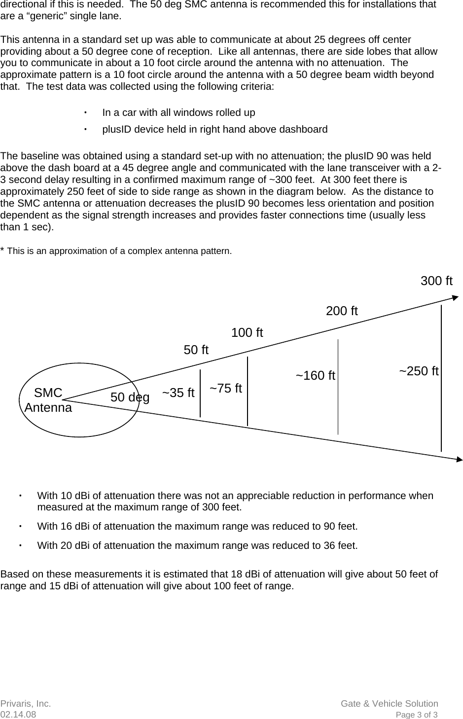 Privaris, Inc.                      Gate &amp; Vehicle Solution 02.14.08                            Page 3 of 3  directional if this is needed.  The 50 deg SMC antenna is recommended this for installations that are a &ldquo;generic&rdquo; single lane.  This antenna in a standard set up was able to communicate at about 25 degrees off center providing about a 50 degree cone of reception.  Like all antennas, there are side lobes that allow you to communicate in about a 10 foot circle around the antenna with no attenuation.  The approximate pattern is a 10 foot circle around the antenna with a 50 degree beam width beyond that.  The test data was collected using the following criteria:  ∙ In a car with all windows rolled up ∙ plusID device held in right hand above dashboard  The baseline was obtained using a standard set-up with no attenuation; the plusID 90 was held above the dash board at a 45 degree angle and communicated with the lane transceiver with a 2-3 second delay resulting in a confirmed maximum range of ~300 feet.  At 300 feet there is approximately 250 feet of side to side range as shown in the diagram below.  As the distance to the SMC antenna or attenuation decreases the plusID 90 becomes less orientation and position dependent as the signal strength increases and provides faster connections time (usually less than 1 sec).  * This is an approximation of a complex antenna pattern.     ∙ With 10 dBi of attenuation there was not an appreciable reduction in performance when measured at the maximum range of 300 feet.  ∙ With 16 dBi of attenuation the maximum range was reduced to 90 feet. ∙ With 20 dBi of attenuation the maximum range was reduced to 36 feet.  Based on these measurements it is estimated that 18 dBi of attenuation will give about 50 feet of range and 15 dBi of attenuation will give about 100 feet of range. 50 deg 300 ft200 ft 100 ft50 ft~250 ft~160 ft~75 ft~35 ftSMC Antenna 