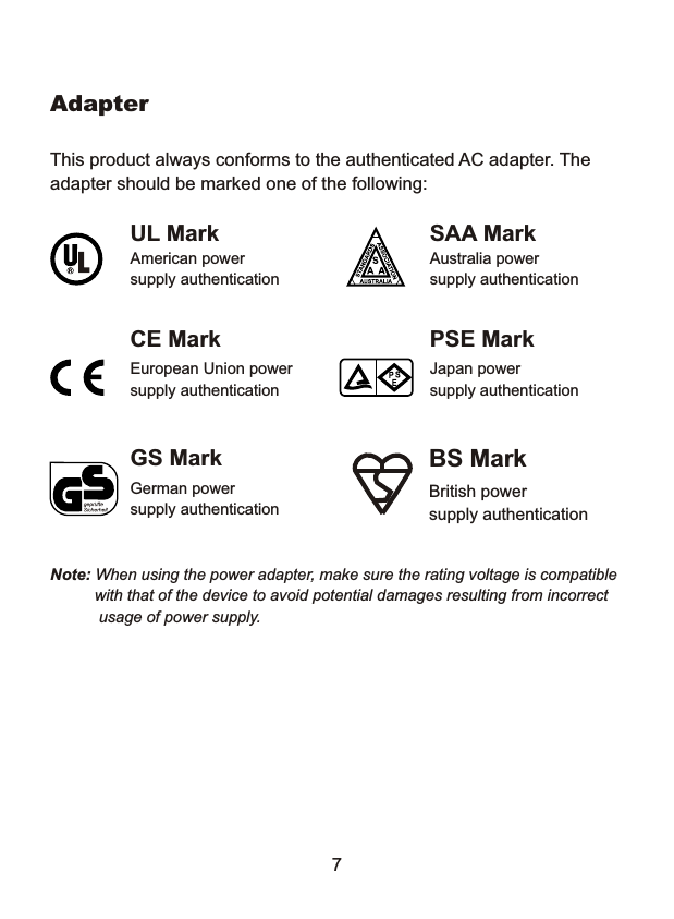 This product always conforms to the authenticated AC adapter. Theadapter should be marked one of the following:Note: When using the power adapter, make sure the rating voltage is compatible          with that of the device to avoid potential damages resulting from incorrect           usage of power supply.   UL MarkAmerican powersupply authenticationSAA MarkAustralia powersupply authenticationGS MarkGerman powersupply authenticationEuropean Union powersupply authenticationCE Mark PSE MarkJapan powersupply authenticationAdapterBS MarkBritish powersupply authentication7