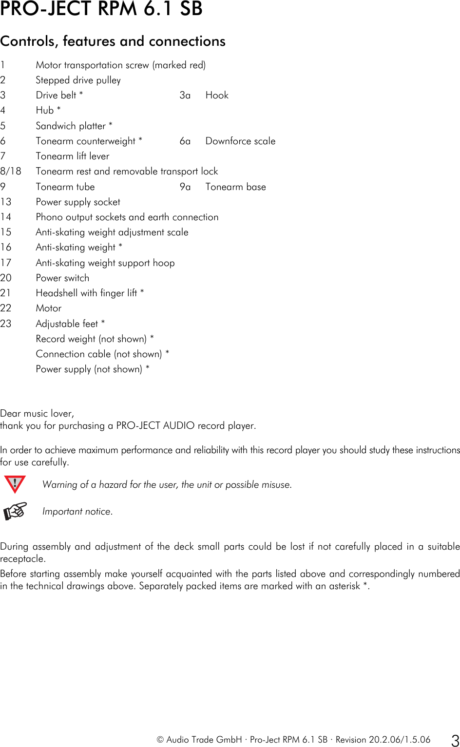 Page 3 of 9 - Pro-Ject-Audio-Systems Pro-Ject-Audio-Systems-Rpm-6-1-Sb-Users-Manual Pro-Ject RPM 6.1 SB User Guide