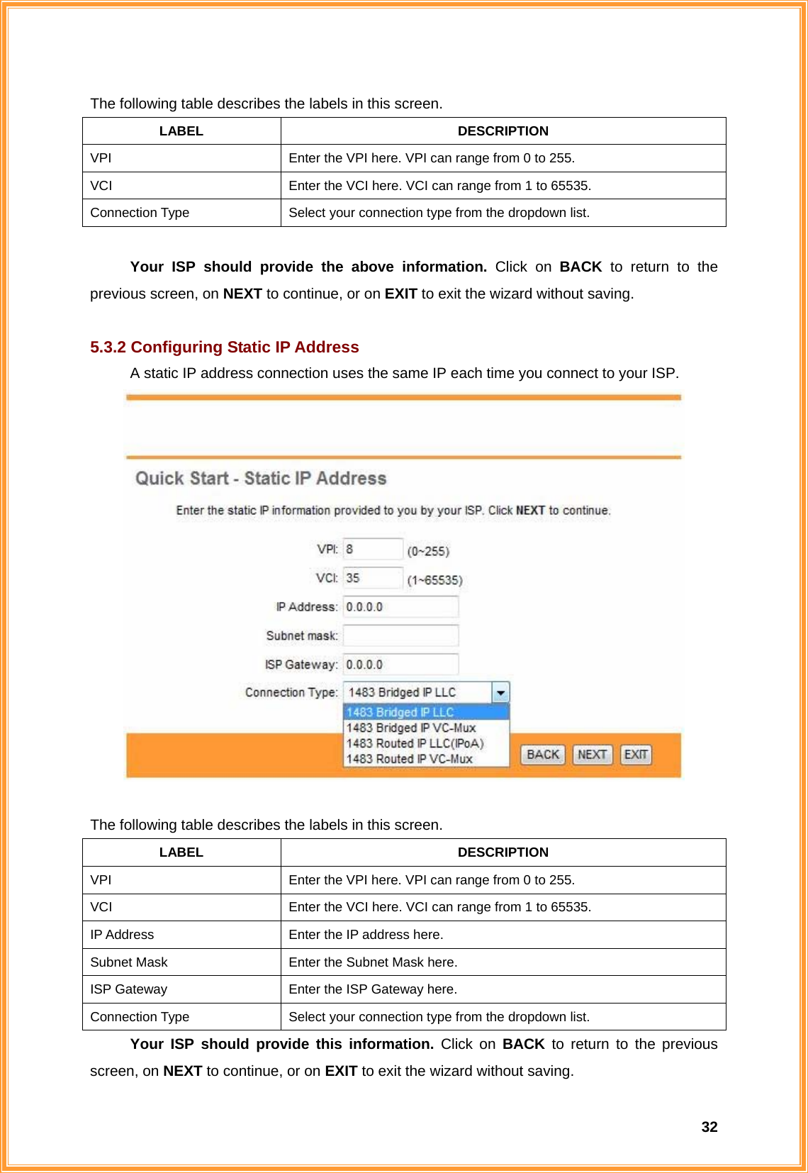  32The following table describes the labels in this screen. LABEL DESCRIPTION VPI  Enter the VPI here. VPI can range from 0 to 255. VCI  Enter the VCI here. VCI can range from 1 to 65535. Connection Type  Select your connection type from the dropdown list.  Your ISP should provide the above information. Click on BACK  to return to the previous screen, on NEXT to continue, or on EXIT to exit the wizard without saving.  5.3.2 Configuring Static IP Address A static IP address connection uses the same IP each time you connect to your ISP.   The following table describes the labels in this screen. LABEL DESCRIPTION VPI  Enter the VPI here. VPI can range from 0 to 255. VCI  Enter the VCI here. VCI can range from 1 to 65535. IP Address  Enter the IP address here. Subnet Mask  Enter the Subnet Mask here. ISP Gateway  Enter the ISP Gateway here. Connection Type  Select your connection type from the dropdown list. Your ISP should provide this information. Click on BACK to return to the previous screen, on NEXT to continue, or on EXIT to exit the wizard without saving. 