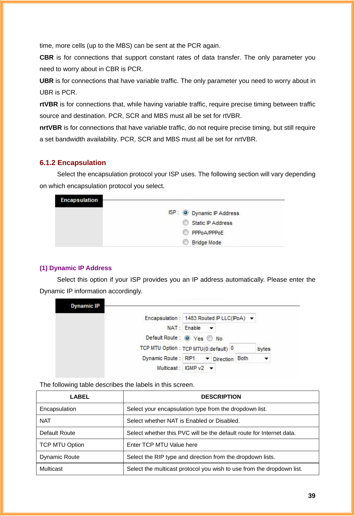  39time, more cells (up to the MBS) can be sent at the PCR again. CBR is for connections that support constant rates of data transfer. The only parameter you need to worry about in CBR is PCR. UBR is for connections that have variable traffic. The only parameter you need to worry about in UBR is PCR. rtVBR is for connections that, while having variable traffic, require precise timing between traffic source and destination. PCR, SCR and MBS must all be set for rtVBR. nrtVBR is for connections that have variable traffic, do not require precise timing, but still require a set bandwidth availability. PCR, SCR and MBS must all be set for nrtVBR.  6.1.2 Encapsulation Select the encapsulation protocol your ISP uses. The following section will vary depending on which encapsulation protocol you select.   (1) Dynamic IP Address Select this option if your ISP provides you an IP address automatically. Please enter the Dynamic IP information accordingly.  The following table describes the labels in this screen. LABEL DESCRIPTION Encapsulation  Select your encapsulation type from the dropdown list. NAT  Select whether NAT is Enabled or Disabled.   Default Route  Select whether this PVC will be the default route for Internet data. TCP MTU Option  Enter TCP MTU Value here Dynamic Route  Select the RIP type and direction from the dropdown lists. Multicast  Select the multicast protocol you wish to use from the dropdown list. 