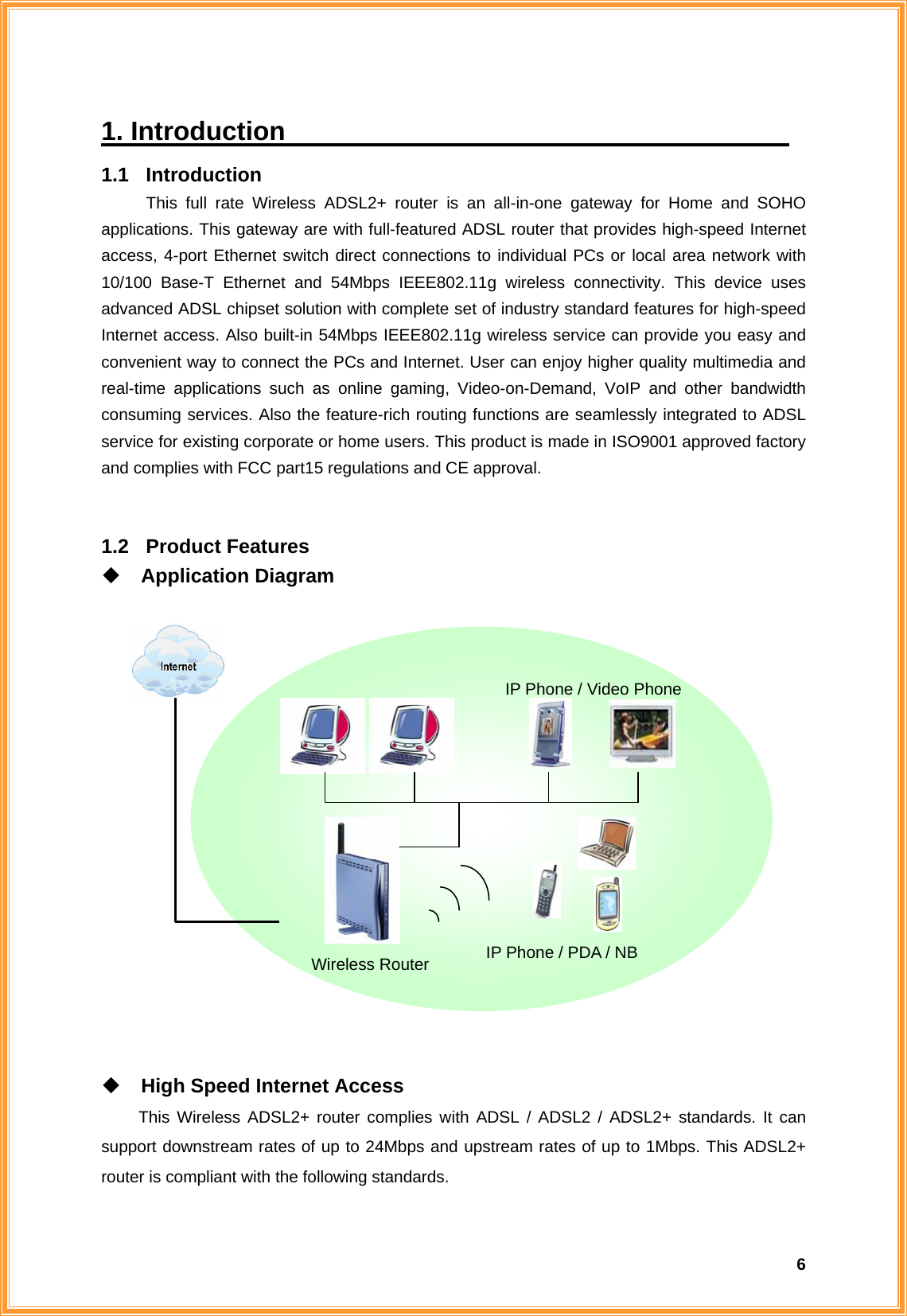  61. Introduction                                       1.1 Introduction This full rate Wireless ADSL2+ router is an all-in-one gateway for Home and SOHO applications. This gateway are with full-featured ADSL router that provides high-speed Internet access, 4-port Ethernet switch direct connections to individual PCs or local area network with 10/100 Base-T Ethernet and 54Mbps IEEE802.11g wireless connectivity. This device uses advanced ADSL chipset solution with complete set of industry standard features for high-speed Internet access. Also built-in 54Mbps IEEE802.11g wireless service can provide you easy and convenient way to connect the PCs and Internet. User can enjoy higher quality multimedia and real-time applications such as online gaming, Video-on-Demand, VoIP and other bandwidth consuming services. Also the feature-rich routing functions are seamlessly integrated to ADSL service for existing corporate or home users. This product is made in ISO9001 approved factory and complies with FCC part15 regulations and CE approval.     1.2 Product Features  Application Diagram                     High Speed Internet Access This Wireless ADSL2+ router complies with ADSL / ADSL2 / ADSL2+ standards. It can support downstream rates of up to 24Mbps and upstream rates of up to 1Mbps. This ADSL2+ router is compliant with the following standards. Wireless Router IP Phone / Video Phone IP Phone / PDA / NB