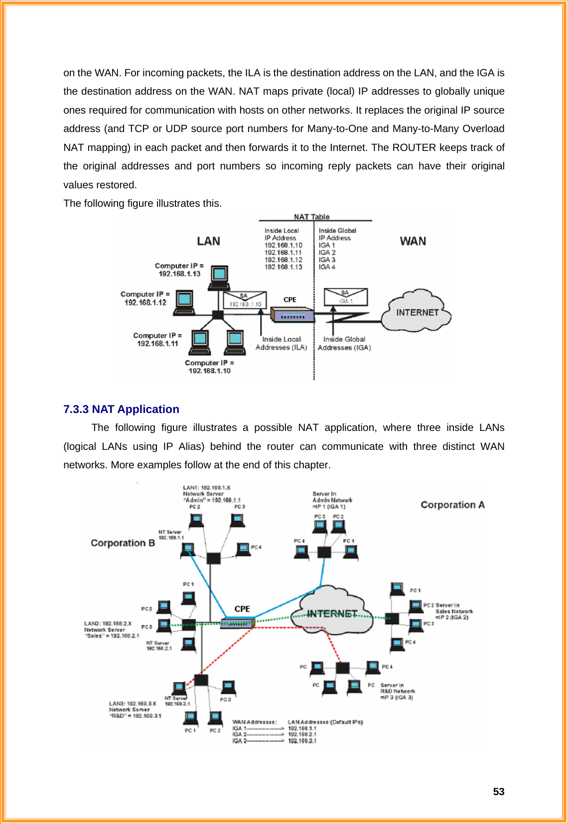  53on the WAN. For incoming packets, the ILA is the destination address on the LAN, and the IGA is the destination address on the WAN. NAT maps private (local) IP addresses to globally unique ones required for communication with hosts on other networks. It replaces the original IP source address (and TCP or UDP source port numbers for Many-to-One and Many-to-Many Overload NAT mapping) in each packet and then forwards it to the Internet. The ROUTER keeps track of the original addresses and port numbers so incoming reply packets can have their original values restored.   The following figure illustrates this.   7.3.3 NAT Application The following figure illustrates a possible NAT application, where three inside LANs (logical LANs using IP Alias) behind the router can communicate with three distinct WAN networks. More examples follow at the end of this chapter.  