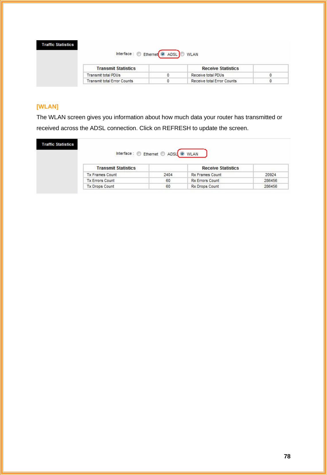  78  [WLAN] The WLAN screen gives you information about how much data your router has transmitted or received across the ADSL connection. Click on REFRESH to update the screen.                       