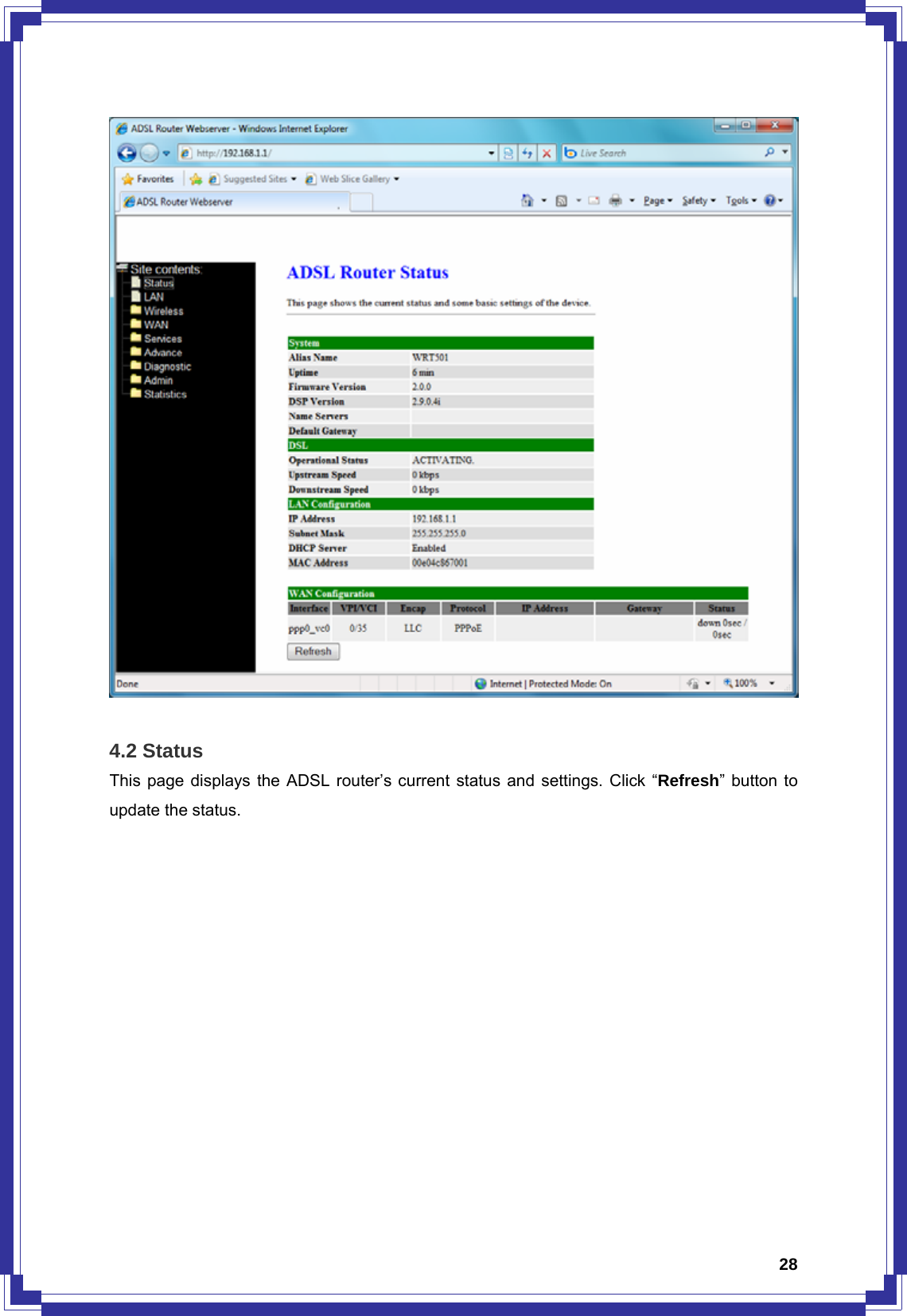  28  4.2 Status This page displays the ADSL router’s current status and settings. Click “Refresh” button to update the status. 