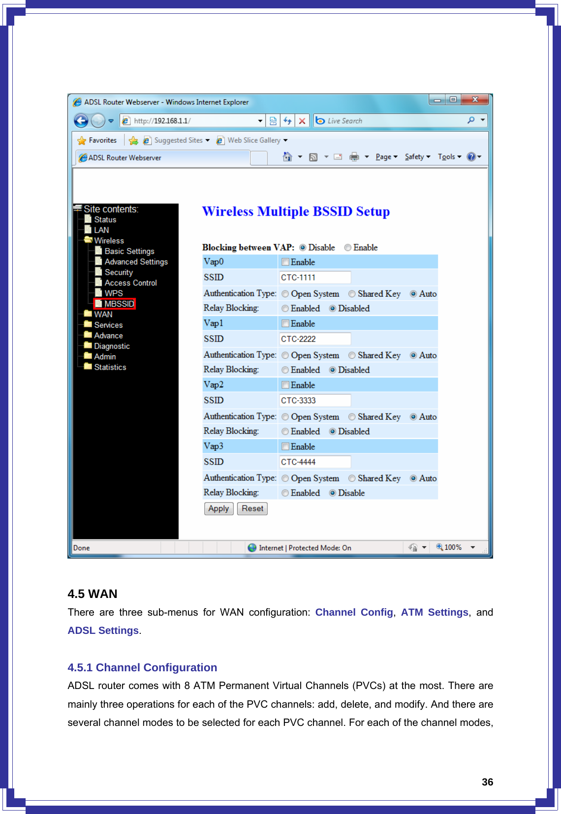  36   4.5 WAN There are three sub-menus for WAN configuration: Channel Config,  ATM Settings, and ADSL Settings.  4.5.1 Channel Configuration ADSL router comes with 8 ATM Permanent Virtual Channels (PVCs) at the most. There are mainly three operations for each of the PVC channels: add, delete, and modify. And there are several channel modes to be selected for each PVC channel. For each of the channel modes, 