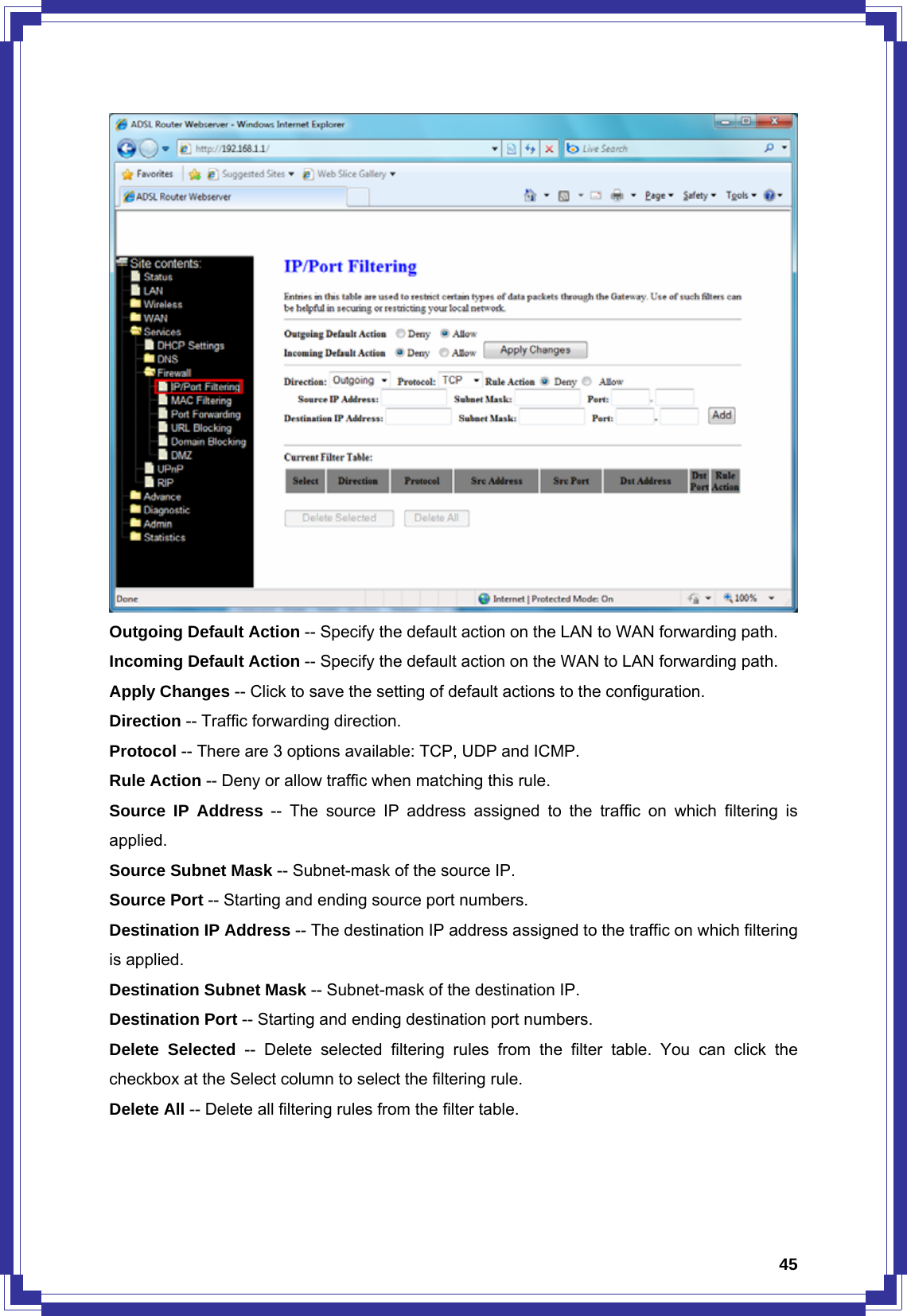  45 Outgoing Default Action -- Specify the default action on the LAN to WAN forwarding path. Incoming Default Action -- Specify the default action on the WAN to LAN forwarding path. Apply Changes -- Click to save the setting of default actions to the configuration. Direction -- Traffic forwarding direction. Protocol -- There are 3 options available: TCP, UDP and ICMP. Rule Action -- Deny or allow traffic when matching this rule. Source IP Address -- The source IP address assigned to the traffic on which filtering is applied. Source Subnet Mask -- Subnet-mask of the source IP. Source Port -- Starting and ending source port numbers. Destination IP Address -- The destination IP address assigned to the traffic on which filtering is applied. Destination Subnet Mask -- Subnet-mask of the destination IP. Destination Port -- Starting and ending destination port numbers. Delete Selected -- Delete selected filtering rules from the filter table. You can click the checkbox at the Select column to select the filtering rule. Delete All -- Delete all filtering rules from the filter table.   