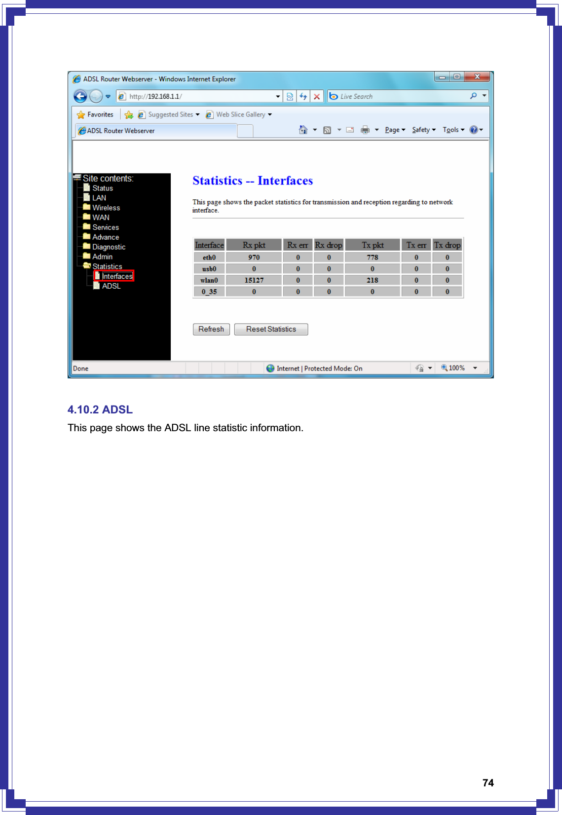 744.10.2 ADSL This page shows the ADSL line statistic information. 