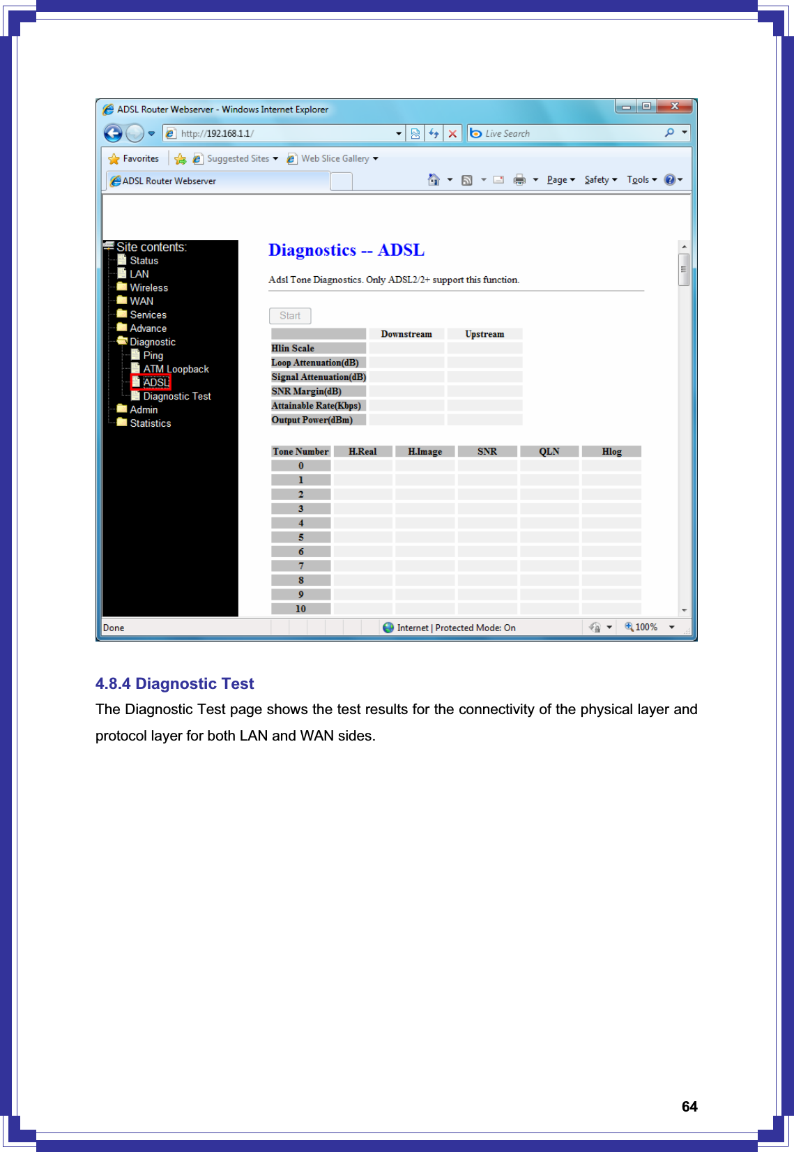 644.8.4 Diagnostic Test The Diagnostic Test page shows the test results for the connectivity of the physical layer and protocol layer for both LAN and WAN sides. 