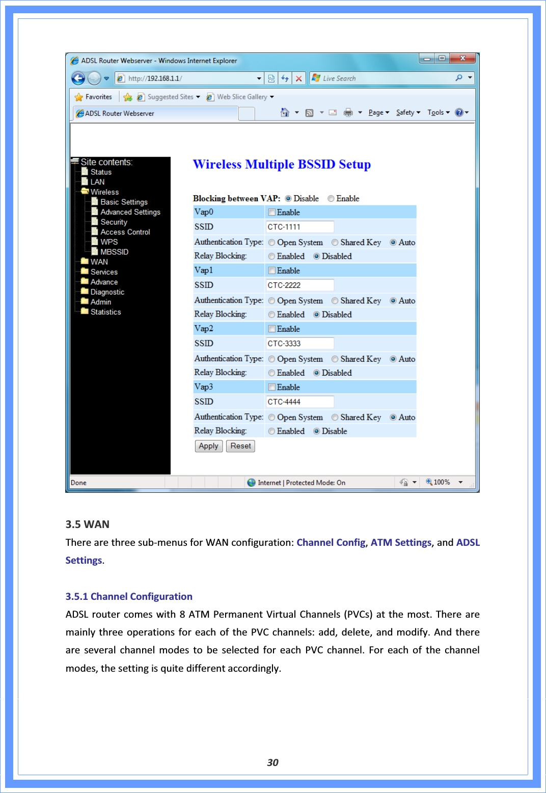 303.5WANTherearethreesubͲmenusforWANconfiguration:ChannelConfig,ATMSettings,andADSLSettings.3.5.1ChannelConfigurationADSLroutercomeswith8ATMPermanentVirtualChannels(PVCs)atthemost.TherearemainlythreeoperationsforeachofthePVCchannels:add,delete,andmodify.AndthereareseveralchannelmodestobeselectedforeachPVCchannel.Foreachofthechannelmodes,thesettingisquitedifferentaccordingly.