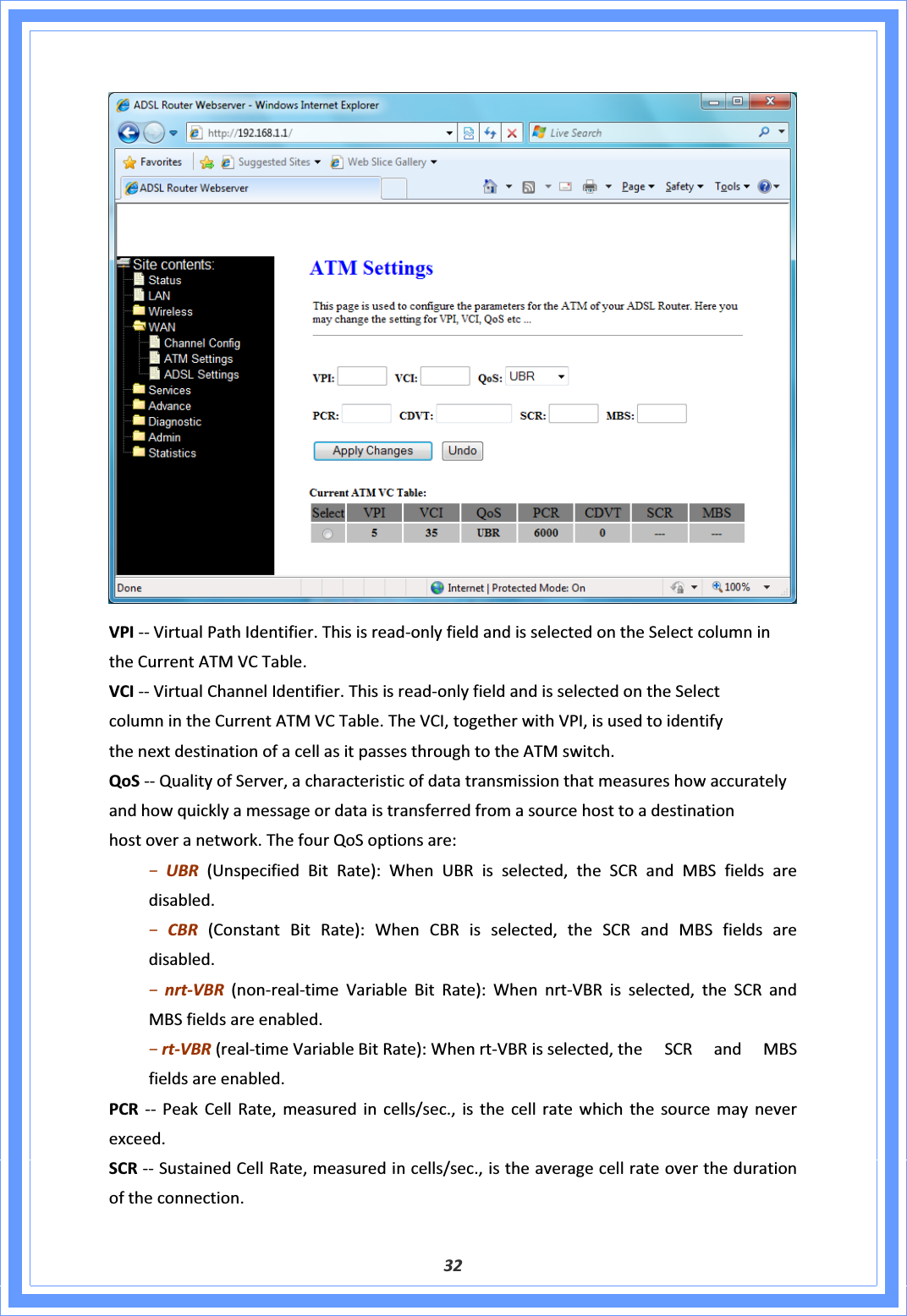 32VPIͲͲVirtualPathIdentifier.ThisisreadͲonlyfieldandisselectedontheSelectcolumnintheCurrentATMVCTable.VCIͲͲVirtualChannelIdentifier.ThisisreadͲonlyfieldandisselectedontheSelectcolumnintheCurrentATMVCTable.TheVCI,togetherwithVPI,isusedtoidentifythenextdestinationofacellasitpassesthroughtotheATMswitch.QoSͲͲQualityofServer,acharacteristicofdatatransmissionthatmeasureshowaccuratelyandhowquicklyamessageordataistransferredfromasourcehosttoadestinationhostoveranetwork.ThefourQoSoptionsare:о UBR(UnspecifiedBitRate):WhenUBRisselected,theSCRandMBSfieldsaredisabled.оCBR(ConstantBitRate):WhenCBRisselected,theSCRandMBSfieldsaredisabled.о nrtͲVBR(nonͲrealͲtimeVariableBitRate):WhennrtͲVBRisselected,theSCRandMBSfieldsareenabled.оrtͲVBR(realͲtimeVariableBitRate):WhenrtͲVBRisselected,the SCRandMBSfieldsareenabled.PCRͲͲ PeakCellRate,measuredincells/sec.,isthecellratewhichthesourcemayneverexceed.SCRͲͲSustainedCellRate,measuredincells/sec.,istheaveragecellrateoverthedurationoftheconnection.