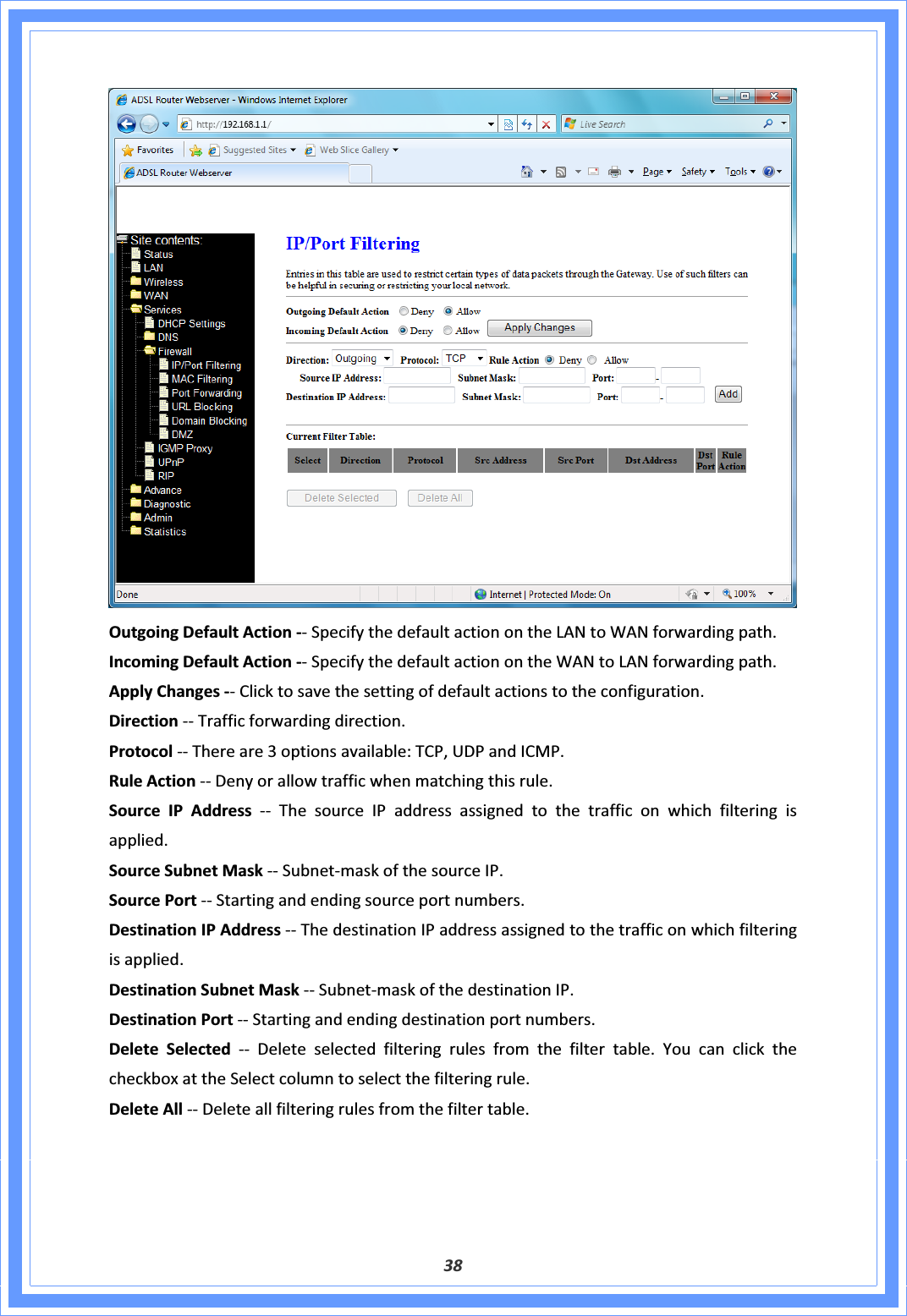 38OutgoingDefaultActionͲͲSpecifythedefaultactionontheLANtoWANforwardingpath.IncomingDefaultActionͲͲSpecifythedefaultactionontheWANtoLANforwardingpath.ApplyChangesͲͲClicktosavethesettingofdefaultactionstotheconfiguration.DirectionͲͲTrafficforwardingdirection.ProtocolͲͲThereare3optionsavailable:TCP,UDPandICMP.RuleActionͲͲDenyorallowtrafficwhenmatchingthisrule.SourceIPAddressͲͲThesourceIPaddressassignedtothetrafficonwhichfilteringisapplied.SourceSubnetMaskͲͲSubnetͲmaskofthesourceIP.SourcePortͲͲStartingandendingsourceportnumbers.DestinationIPAddressͲͲThedestinationIPaddressassignedtothetrafficonwhichfilteringisapplied.DestinationSubnetMaskͲͲSubnetͲmaskofthedestinationIP.DestinationPortͲͲStartingandendingdestinationportnumbers.DeleteSelectedͲͲ Deleteselectedfilteringrulesfromthefiltertable.YoucanclickthecheckboxattheSelectcolumntoselectthefilteringrule.DeleteAllͲͲDeleteallfilteringrulesfromthefiltertable.