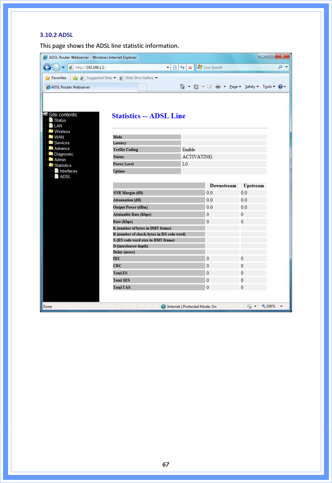 673.10.2ADSLThispageshowstheADSLlinestatisticinformation.