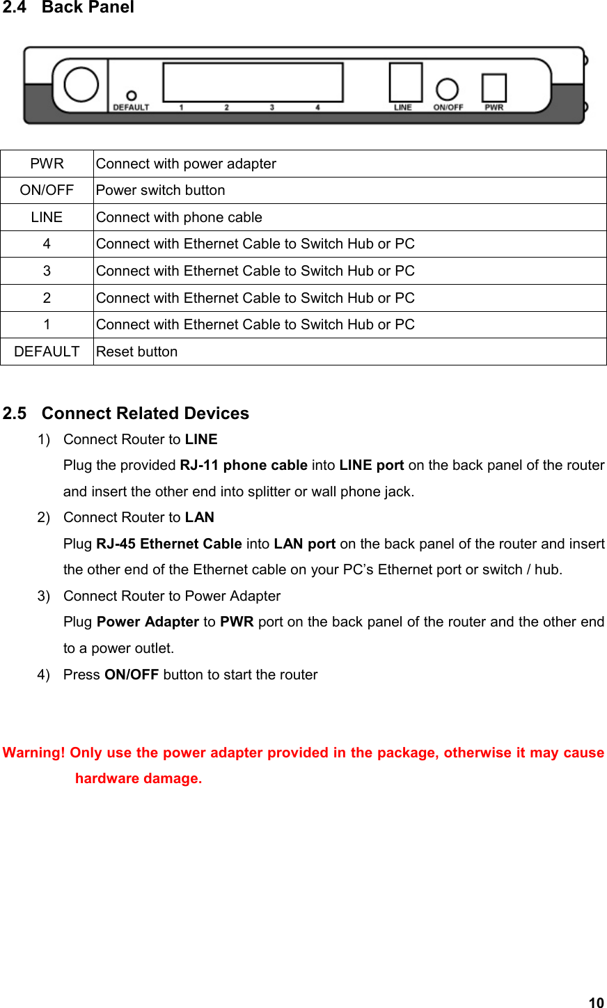  102.4 Back Panel  PWR  Connect with power adapter ON/OFF  Power switch button LINE  Connect with phone cable 4  Connect with Ethernet Cable to Switch Hub or PC 3  Connect with Ethernet Cable to Switch Hub or PC 2  Connect with Ethernet Cable to Switch Hub or PC 1  Connect with Ethernet Cable to Switch Hub or PC DEFAULT Reset button  2.5  Connect Related Devices 1)  Connect Router to LINE Plug the provided RJ-11 phone cable into LINE port on the back panel of the router and insert the other end into splitter or wall phone jack. 2)  Connect Router to LAN Plug RJ-45 Ethernet Cable into LAN port on the back panel of the router and insert the other end of the Ethernet cable on your PC’s Ethernet port or switch / hub. 3)  Connect Router to Power Adapter Plug Power Adapter to PWR port on the back panel of the router and the other end to a power outlet. 4) Press ON/OFF button to start the router   Warning! Only use the power adapter provided in the package, otherwise it may cause hardware damage.      