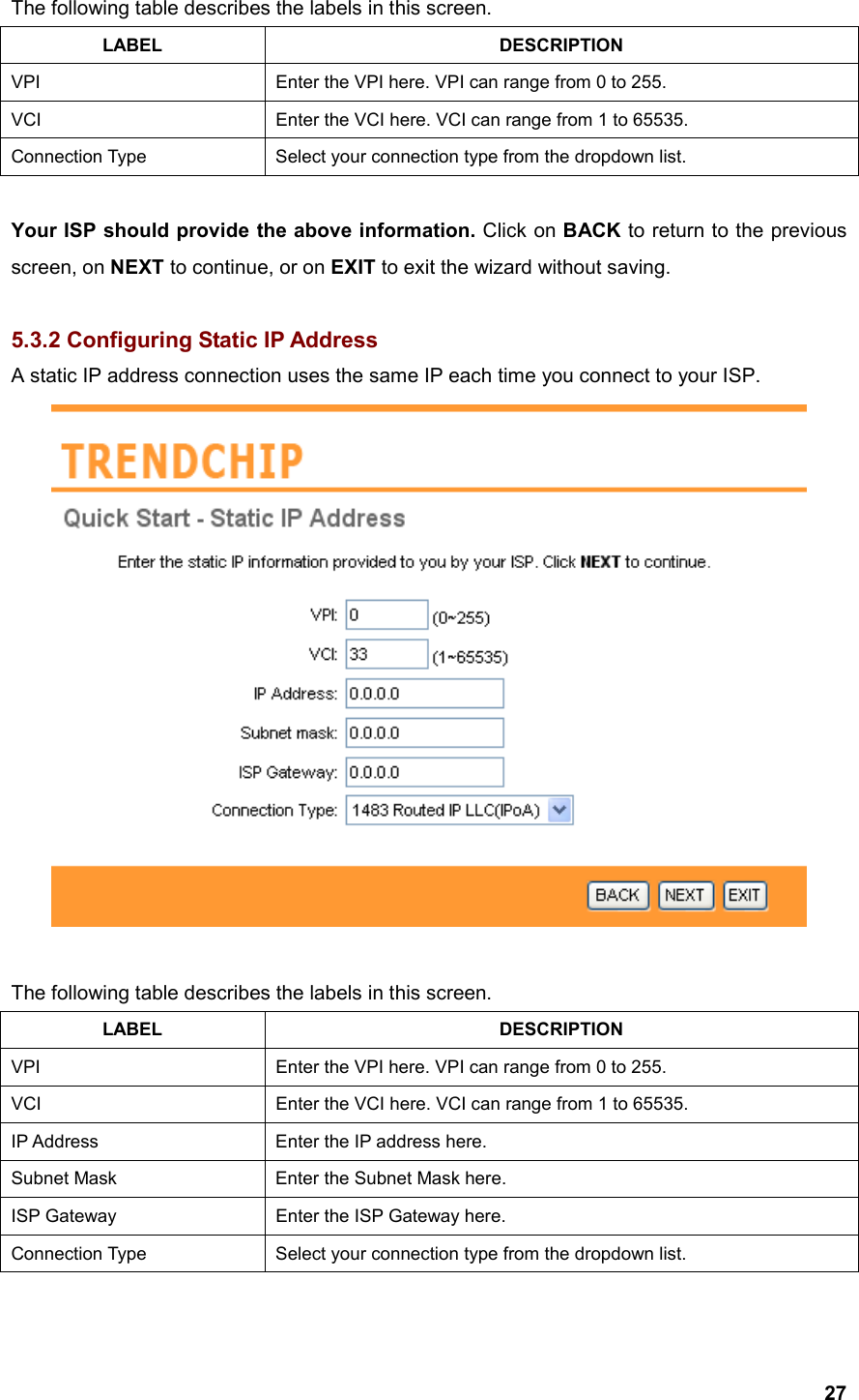  27The following table describes the labels in this screen. LABEL DESCRIPTION VPI  Enter the VPI here. VPI can range from 0 to 255. VCI  Enter the VCI here. VCI can range from 1 to 65535. Connection Type  Select your connection type from the dropdown list.  Your ISP should provide the above information. Click on BACK to return to the previous screen, on NEXT to continue, or on EXIT to exit the wizard without saving.  5.3.2 Configuring Static IP Address A static IP address connection uses the same IP each time you connect to your ISP.   The following table describes the labels in this screen. LABEL DESCRIPTION VPI  Enter the VPI here. VPI can range from 0 to 255. VCI  Enter the VCI here. VCI can range from 1 to 65535. IP Address  Enter the IP address here. Subnet Mask  Enter the Subnet Mask here. ISP Gateway  Enter the ISP Gateway here. Connection Type  Select your connection type from the dropdown list.  