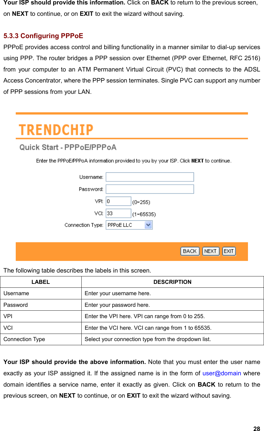  28Your ISP should provide this information. Click on BACK to return to the previous screen, on NEXT to continue, or on EXIT to exit the wizard without saving.  5.3.3 Configuring PPPoE PPPoE provides access control and billing functionality in a manner similar to dial-up services using PPP. The router bridges a PPP session over Ethernet (PPP over Ethernet, RFC 2516) from your computer to an ATM Permanent Virtual Circuit (PVC) that connects to the ADSL Access Concentrator, where the PPP session terminates. Single PVC can support any number of PPP sessions from your LAN.   The following table describes the labels in this screen. LABEL DESCRIPTION Username  Enter your username here. Password  Enter your password here. VPI  Enter the VPI here. VPI can range from 0 to 255. VCI  Enter the VCI here. VCI can range from 1 to 65535. Connection Type  Select your connection type from the dropdown list.  Your ISP should provide the above information. Note that you must enter the user name exactly as your ISP assigned it. If the assigned name is in the form of user@domain where domain identifies a service name, enter it exactly as given. Click on BACK to return to the previous screen, on NEXT to continue, or on EXIT to exit the wizard without saving. 