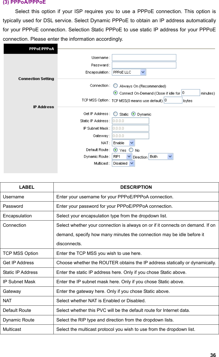  36(3) PPPoA/PPPoE   Select this option if your ISP requires you to use a PPPoE connection. This option is typically used for DSL service. Select Dynamic PPPoE to obtain an IP address automatically for your PPPoE connection. Selection Static PPPoE to use static IP address for your PPPoE connection. Please enter the information accordingly.   LABEL DESCRIPTION Username  Enter your username for your PPPoE/PPPoA connection. Password  Enter your password for your PPPoE/PPPoA connection. Encapsulation  Select your encapsulation type from the dropdown list. Connection  Select whether your connection is always on or if it connects on demand. If on demand, specify how many minutes the connection may be idle before it disconnects. TCP MSS Option  Enter the TCP MSS you wish to use here. Get IP Address  Choose whether the ROUTER obtains the IP address statically or dynamically.Static IP Address  Enter the static IP address here. Only if you chose Static above. IP Subnet Mask  Enter the IP subnet mask here. Only if you chose Static above. Gateway  Enter the gateway here. Only if you chose Static above. NAT  Select whether NAT is Enabled or Disabled. Default Route  Select whether this PVC will be the default route for Internet data. Dynamic Route  Select the RIP type and direction from the dropdown lists. Multicast  Select the multicast protocol you wish to use from the dropdown list. 