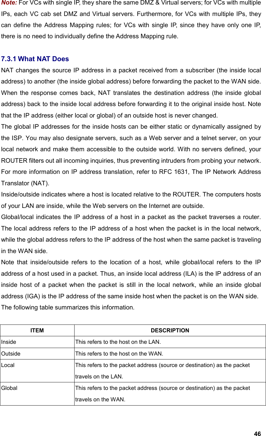  46Note: For VCs with single IP, they share the same DMZ &amp; Virtual servers; for VCs with multiple IPs, each VC cab set DMZ and Virtual servers. Furthermore, for VCs with multiple IPs, they can define the Address Mapping rules; for VCs with single IP, since they have only one IP, there is no need to individually define the Address Mapping rule.  7.3.1 What NAT Does NAT changes the source IP address in a packet received from a subscriber (the inside local address) to another (the inside global address) before forwarding the packet to the WAN side. When the response comes back, NAT translates the destination address (the inside global address) back to the inside local address before forwarding it to the original inside host. Note that the IP address (either local or global) of an outside host is never changed. The global IP addresses for the inside hosts can be either static or dynamically assigned by the ISP. You may also designate servers, such as a Web server and a telnet server, on your local network and make them accessible to the outside world. With no servers defined, your ROUTER filters out all incoming inquiries, thus preventing intruders from probing your network. For more information on IP address translation, refer to RFC 1631, The IP Network Address Translator (NAT). Inside/outside indicates where a host is located relative to the ROUTER. The computers hosts of your LAN are inside, while the Web servers on the Internet are outside. Global/local indicates the IP address of a host in a packet as the packet traverses a router. The local address refers to the IP address of a host when the packet is in the local network, while the global address refers to the IP address of the host when the same packet is traveling in the WAN side. Note that inside/outside refers to the location of a host, while global/local refers to the IP address of a host used in a packet. Thus, an inside local address (ILA) is the IP address of an inside host of a packet when the packet is still in the local network, while an inside global address (IGA) is the IP address of the same inside host when the packet is on the WAN side.   The following table summarizes this information.  ITEM DESCRIPTION Inside This refers to the host on the LAN. Outside  This refers to the host on the WAN. Local  This refers to the packet address (source or destination) as the packet travels on the LAN. Global  This refers to the packet address (source or destination) as the packet travels on the WAN. 