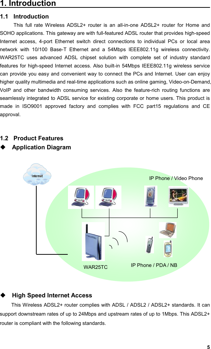  51. Introduction                                       1.1 Introduction This full rate Wireless ADSL2+ router is an all-in-one ADSL2+ router for Home and SOHO applications. This gateway are with full-featured ADSL router that provides high-speed Internet access, 4-port Ethernet switch direct connections to individual PCs or local area network with 10/100 Base-T Ethernet and a 54Mbps IEEE802.11g wireless connectivity. WAR25TC uses advanced ADSL chipset solution with complete set of industry standard features for high-speed Internet access. Also built-in 54Mbps IEEE802.11g wireless service can provide you easy and convenient way to connect the PCs and Internet. User can enjoy higher quality multimedia and real-time applications such as online gaming, Video-on-Demand, VoIP and other bandwidth consuming services. Also the feature-rich routing functions are seamlessly integrated to ADSL service for existing corporate or home users. This product is made in ISO9001 approved factory and complies with FCC part15 regulations and CE approval.    1.2 Product Features  Application Diagram                   High Speed Internet Access This Wireless ADSL2+ router complies with ADSL / ADSL2 / ADSL2+ standards. It can support downstream rates of up to 24Mbps and upstream rates of up to 1Mbps. This ADSL2+ router is compliant with the following standards. WAR25TC IP Phone / Video Phone IP Phone / PDA / NB 