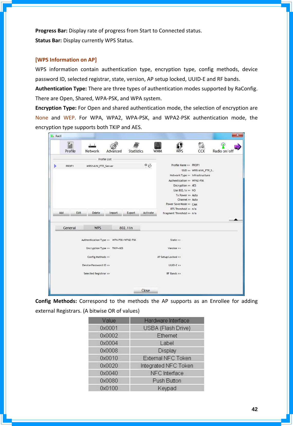  42ProgressBar:DisplayrateofprogressfromStarttoConnectedstatus.StatusBar:DisplaycurrentlyWPSStatus.[WPSInformationonAP]WPSinformationcontainauthenticationtype,encryptiontype,configmethods,devicepasswordID,selectedregistrar,state,version,APsetuplocked,UUID‐EandRFbands.AuthenticationType:TherearethreetypesofauthenticationmodessupportedbyRaConfig.ThereareOpen,Shared,WPA‐PSK,andWPAsystem.EncryptionType:ForOpenandsharedauthenticationmode,theselectionofencryptionareNoneandWEP.ForWPA,WPA2,WPA‐PSK,andWPA2‐PSKauthenticationmode,theencryptiontypesupportsbothTKIPandAES.ConfigMethods:CorrespondtothemethodstheAPsupportsasanEnrolleeforaddingexternalRegistrars.(AbitwiseORofvalues)
